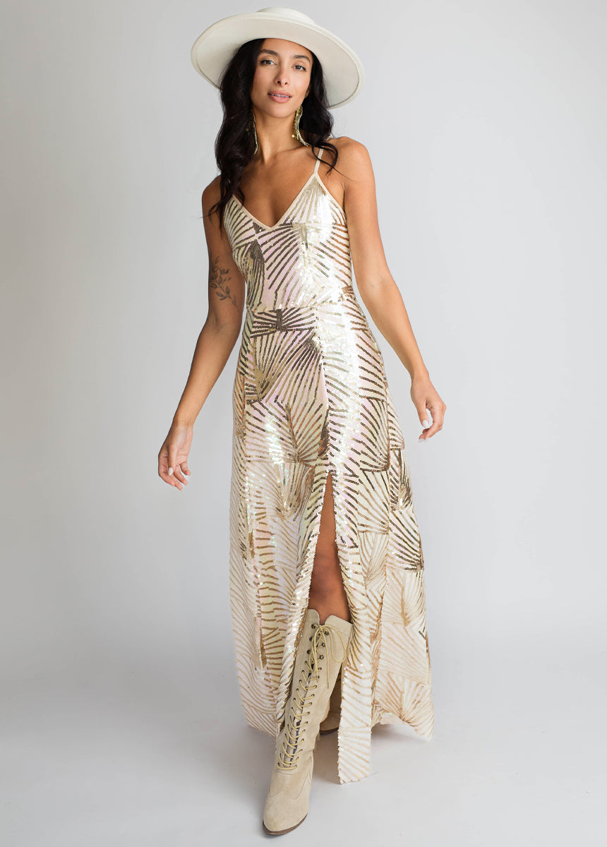 Elegant Aulora Gold Stripe Dress for Women - Perfect for Parties, Weddings & Special Occasions