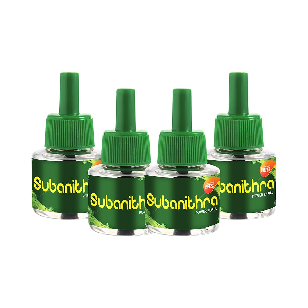 AVL Subanithra Herbal Mosquito Vaporizer Refill 45ml (4 Pack) - Natural Mosquito Repellent for Dengue, Malaria & Chikungunya Protection - Compatible with All Electric Vaporizer Machines - Ideal for Home, Bedroom, Outdoor & Travel Use