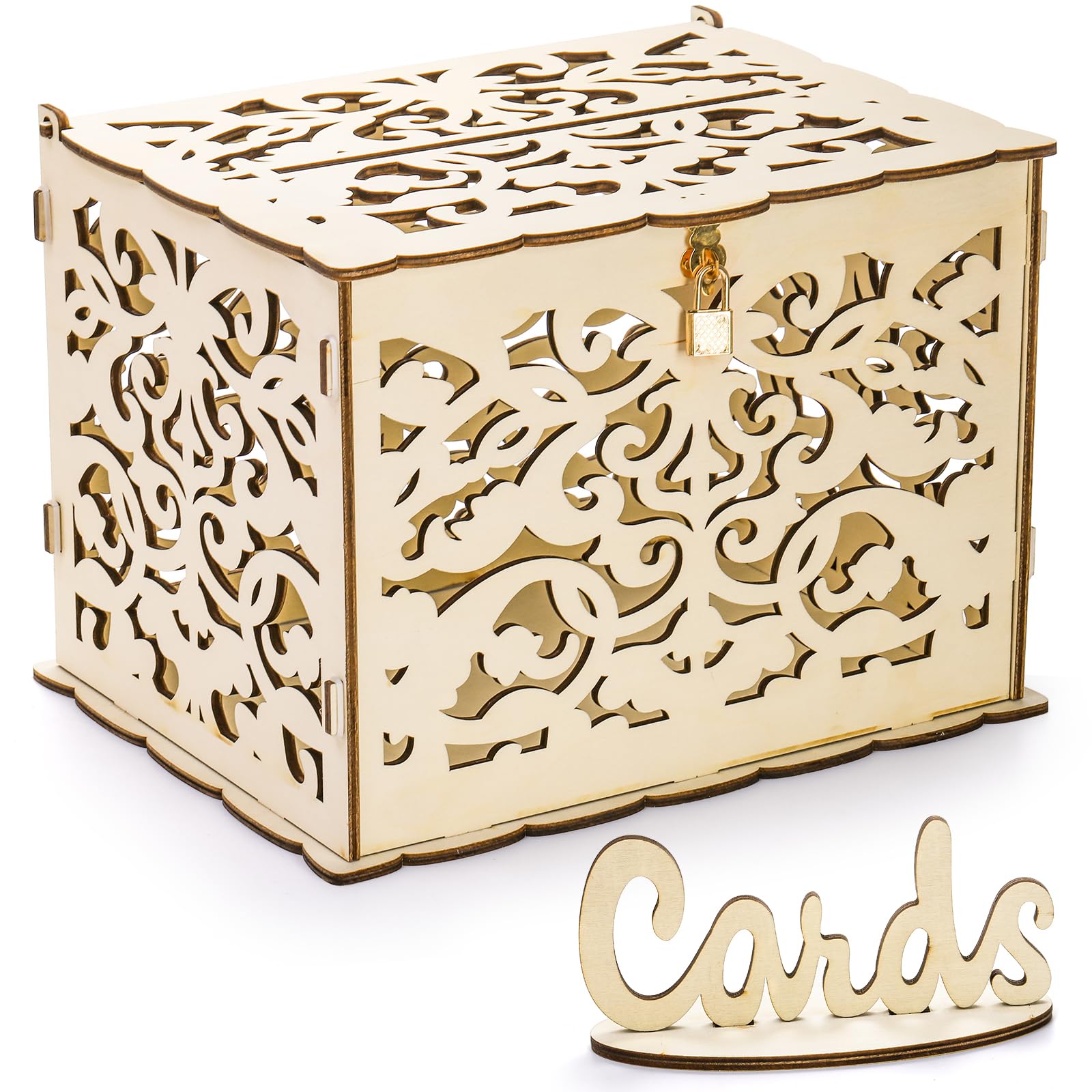 ZENFUN Rustic Wooden Wedding Card Box with Lock & Sign - Large Hollow Keepsake Box for Wedding Reception, Baby Shower, Birthday & Anniversary Parties - Perfect for Gift Cards, Money & Wishes Collection