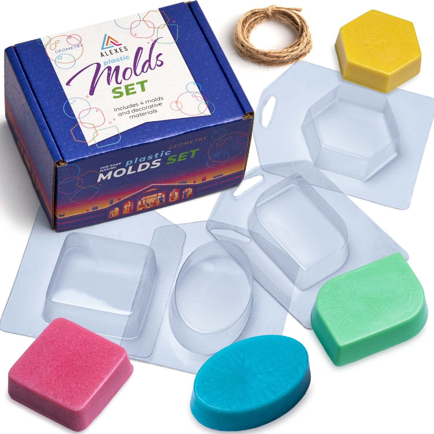 ALEXES Soap Molds Set - 4 Plastic Soap Making Molds (Square, Round, Hexagon) for Melt & Pour DIY Soap Crafting - Perfect for Handmade Gifts, Home Spa & Bath Decor