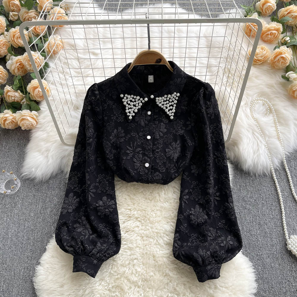 French Retro Beaded Polo Collar Shirt - Loose Puff Sleeve Blouse for Women - Vintage Inspired Casual & Party Tops - Perfect for Date Night, Office Wear and Summer Outfits
