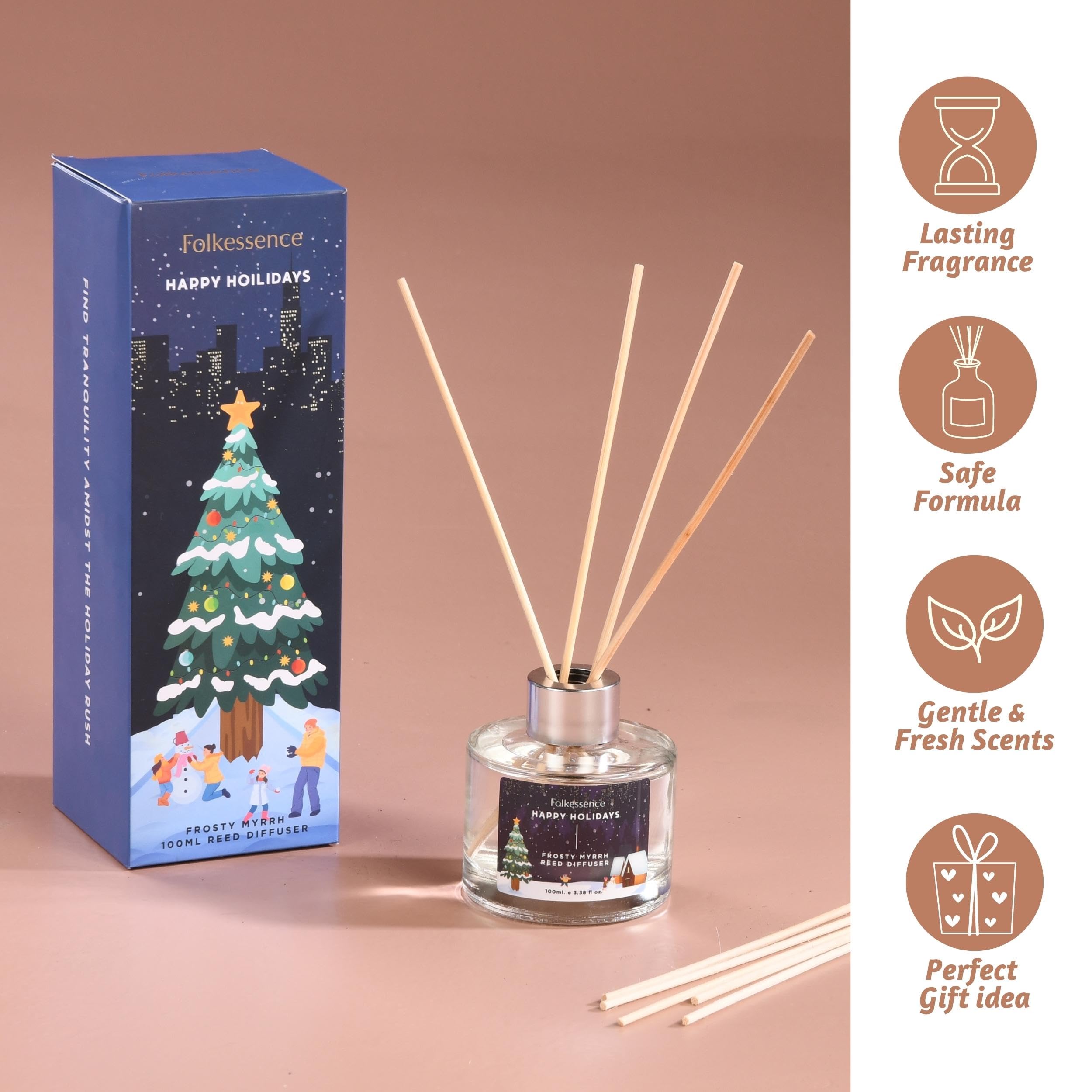 Folkulture Reed Diffusers for Home - 3.38 fl oz Aromatic Oil Diffuser with 6 Reed Sticks | Frosty Myrrh Scent | Perfect for Bathroom Decor, Living Room, Bedroom & Guest Bathroom Essentials