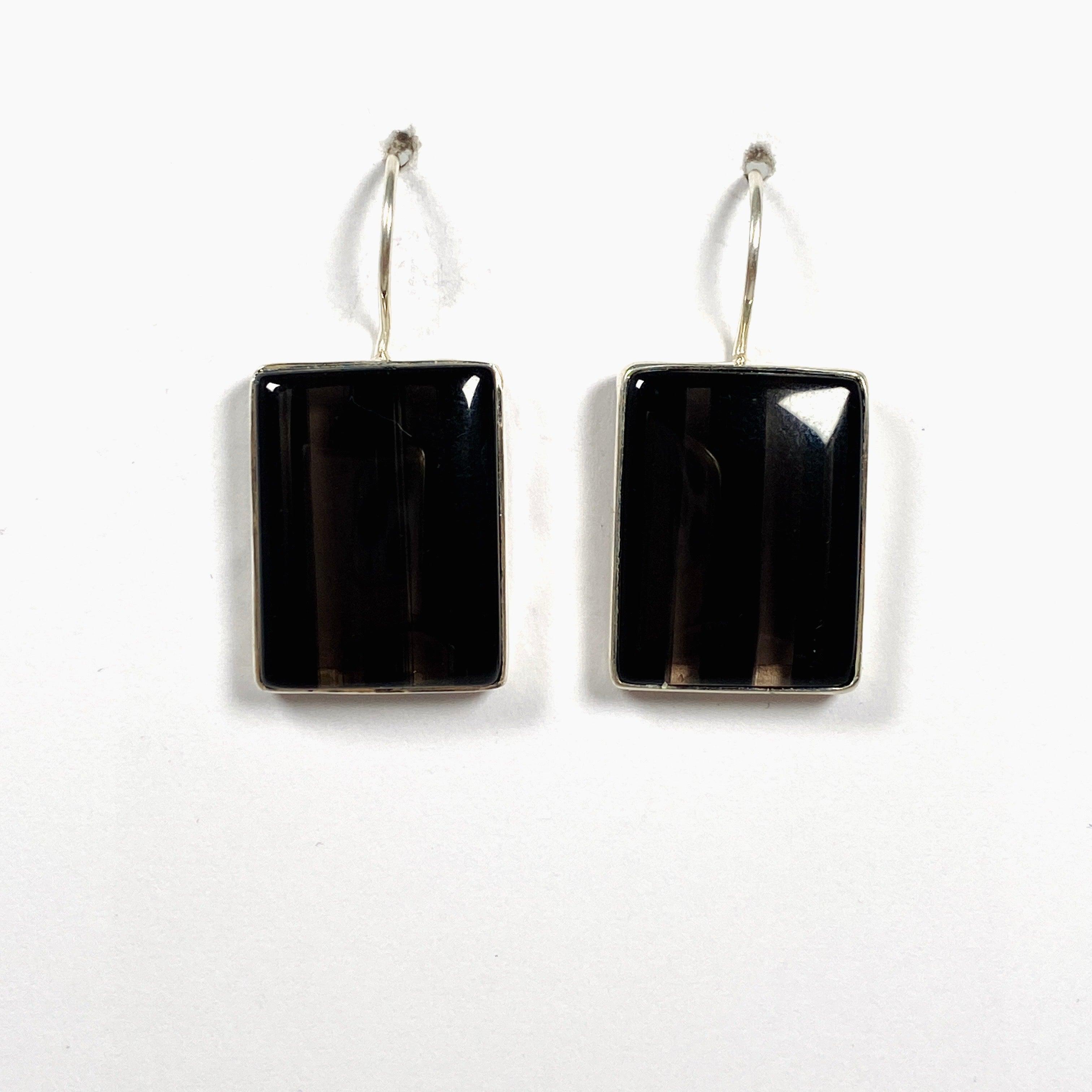 Midnight Obsidian Rectangular Hook Earrings for Women - Elegant Black Gemstone Jewelry for Parties, Weddings & Evening Events - KEGJ1351