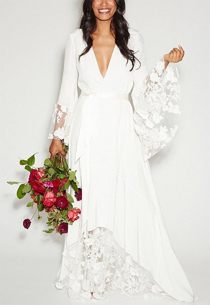 Honeydress Women's Bohemian Bell Sleeve Floral Applique Tied Belt Long Wedding Dress - Elegant Bridal Gown for Beach, Garden & Outdoor Ceremonies