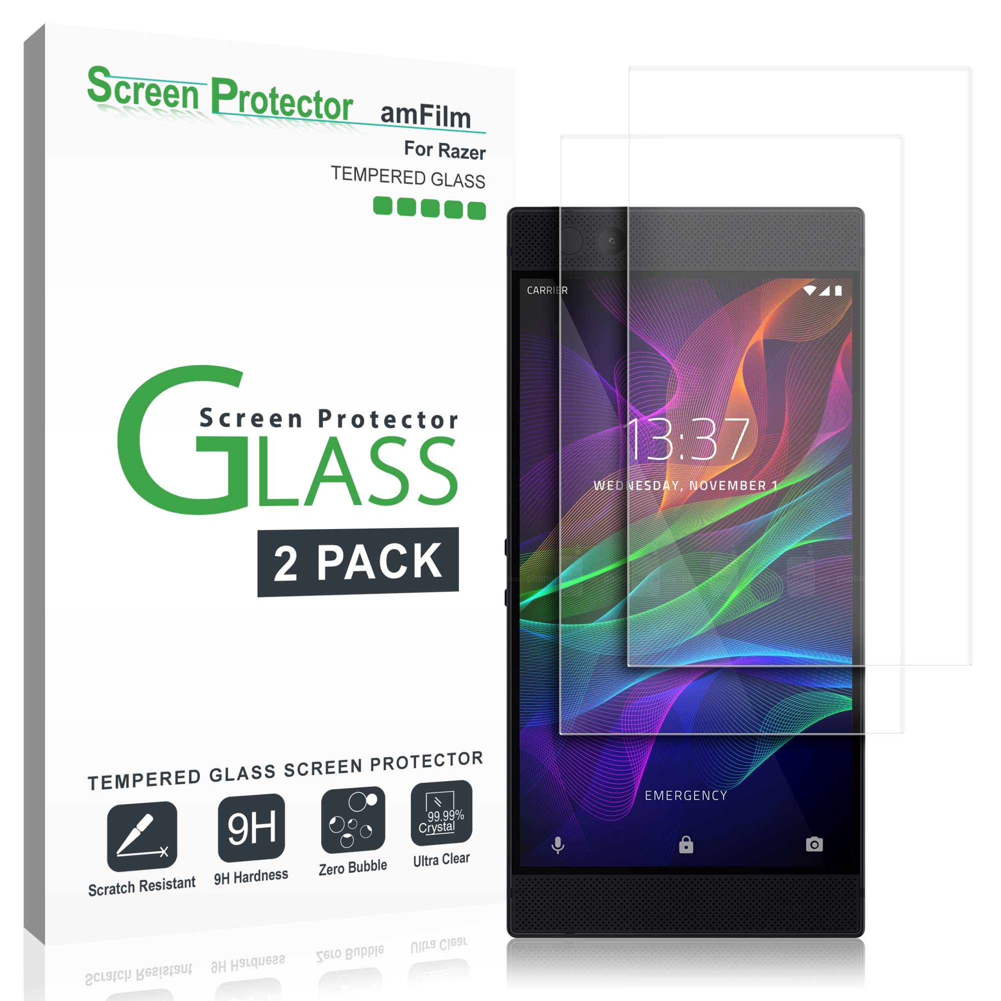 amFilm Tempered Glass Screen Protector for Razer Phone 2 & 1 (2-Pack) - Anti-Scratch Protection