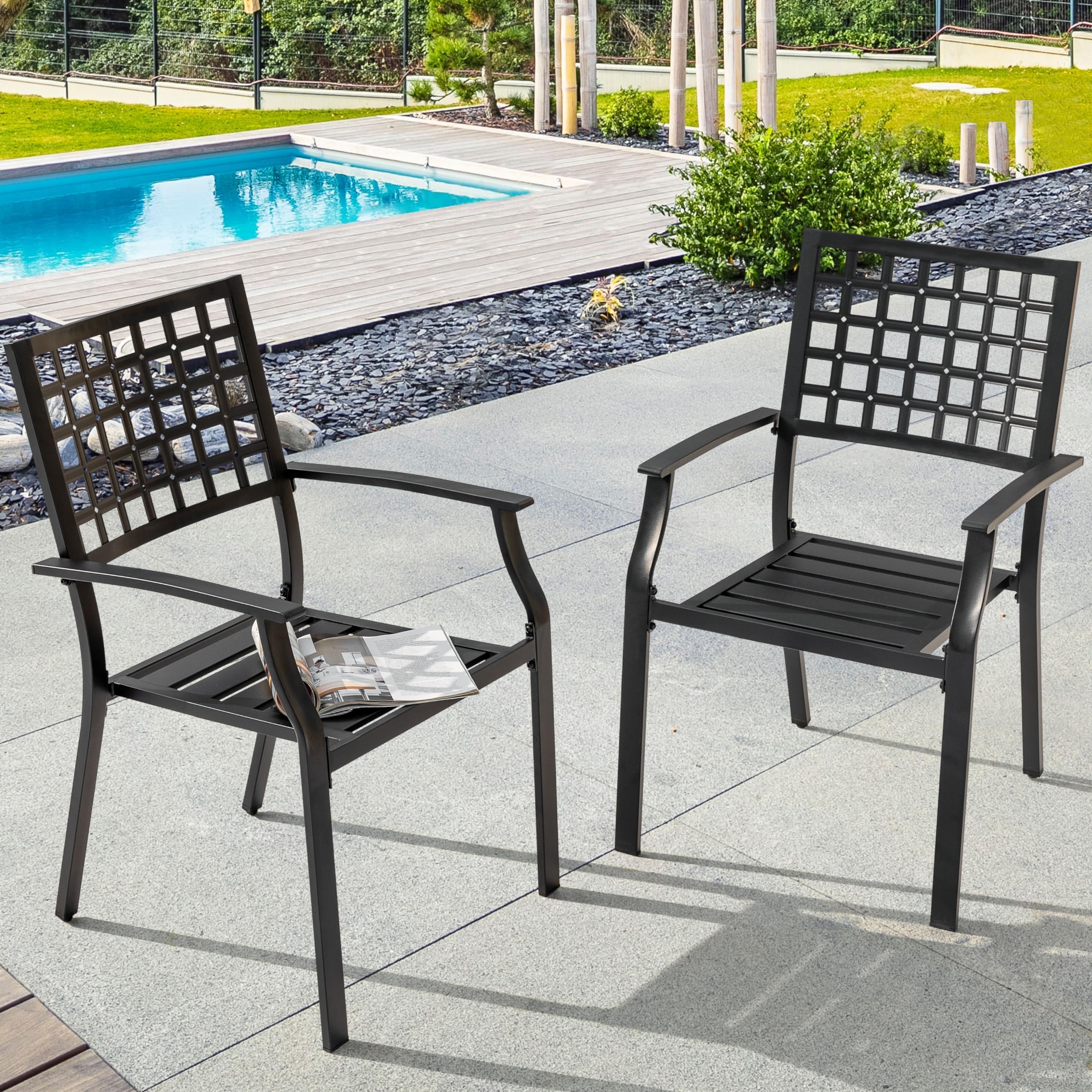 NUU GARDEN Patio Dining Chairs Set of 2 - 300Lbs Capacity Stackable Outdoor Metal Chairs with Armrests - Wrought Iron Patio Furniture for Backyard, Lawn, Deck, Poolside, Porch, Bistro - Perfect for Outdoor Dining, Relaxing & Entertaining - Black