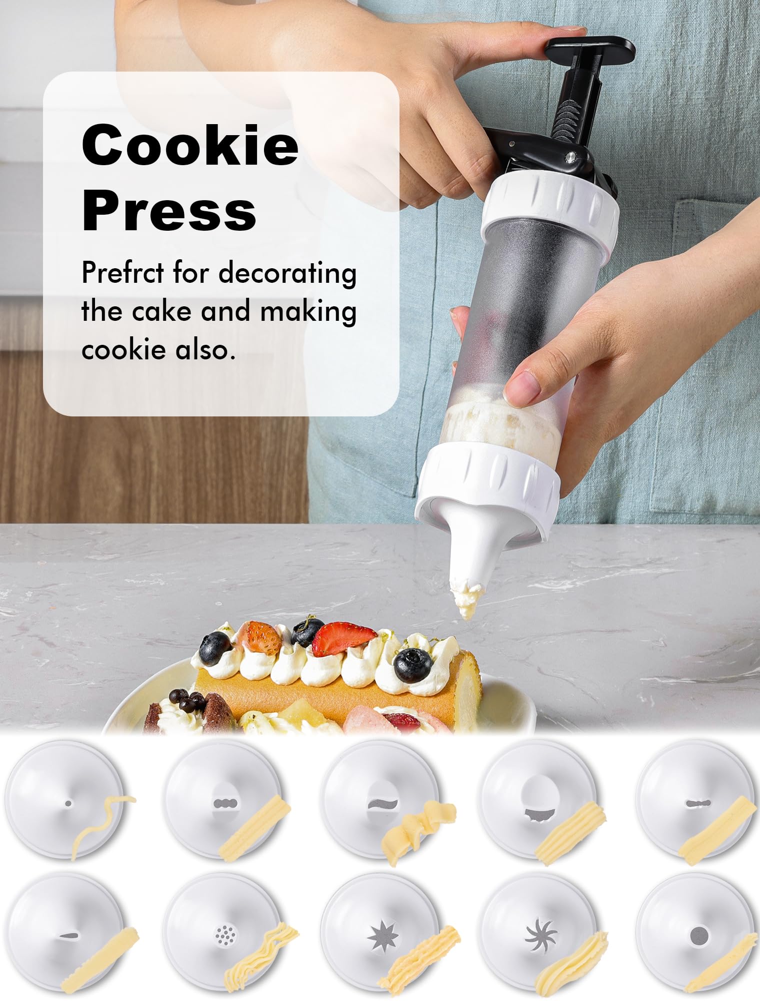 Premium Cookie Press Set with 12 Discs & 10 Cake Decorating Tips - Stainless Steel Churro & Biscuit Maker (White) - Perfect for Holiday Baking, Party Treats & DIY Dessert Decorating