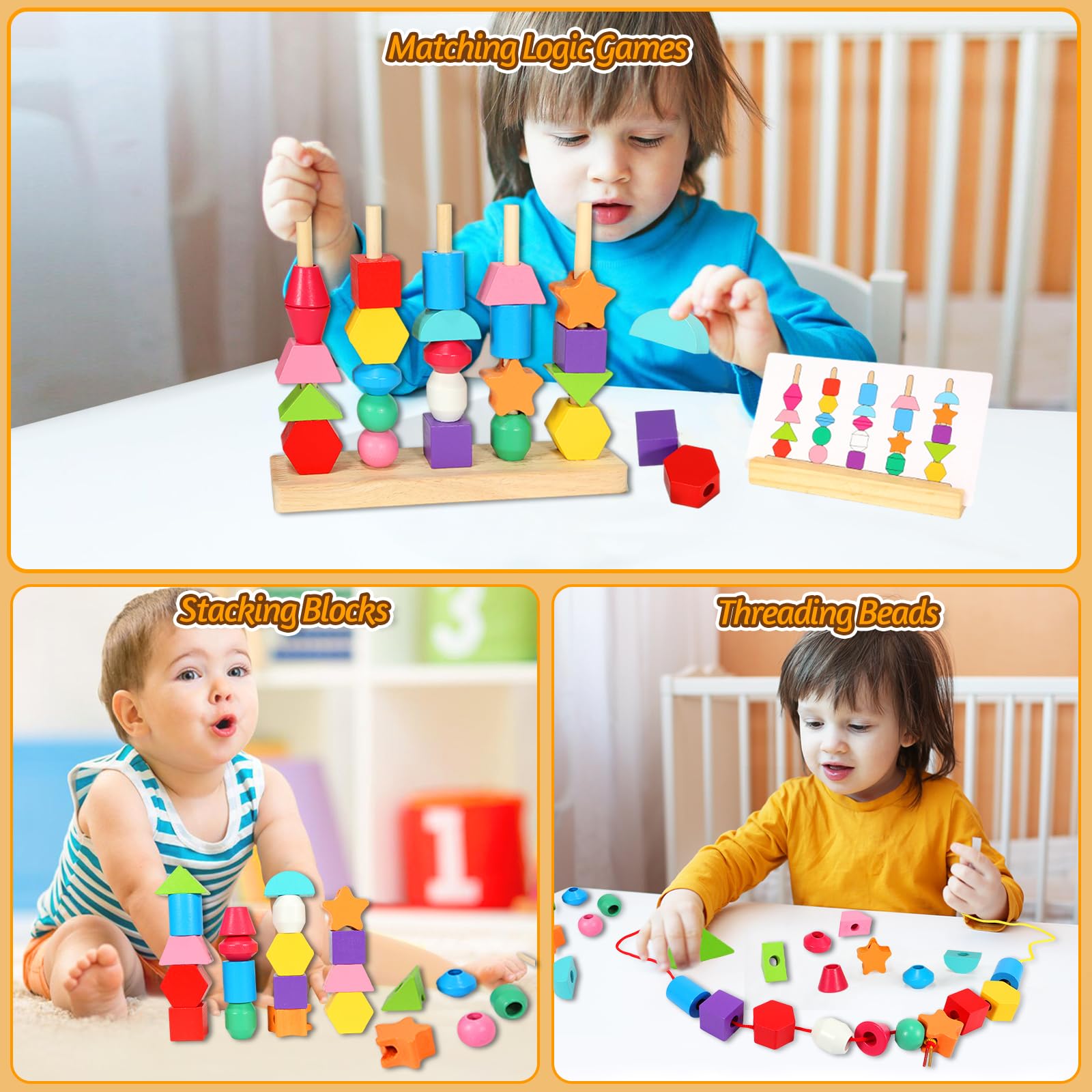 Montessori Wooden Shape Matching Game & Lacing Beads - Fine Motor Skills Toys for Toddlers Age 2-4 | Preschool Learning Activities, Sorting & Stacking Educational Toys for Boys & Girls | Perfect for Homeschooling & Early Childhood Development