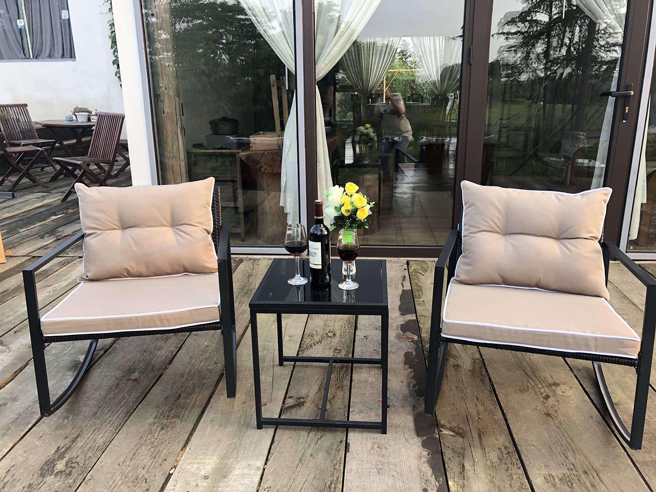 Grepatio 3-Piece Rocking Bistro Set - Modern Wicker Patio Furniture with Coffee Table, Outdoor Rattan Chairs for Garden, Yard & Bistro (Brown/Khaki) - Perfect for Relaxing, Entertaining & Outdoor Dining