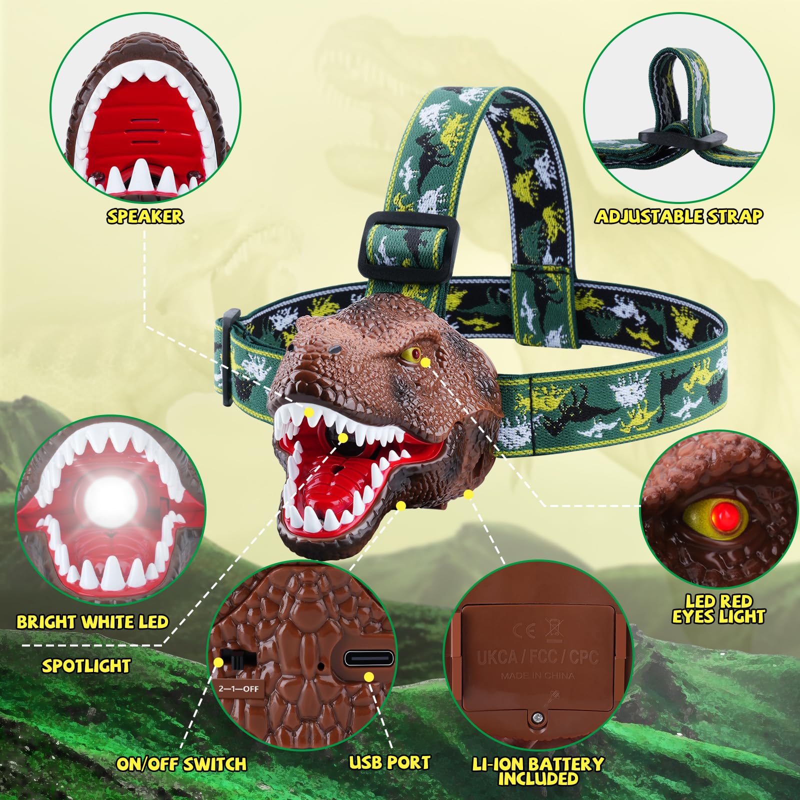 Rechargeable Dinosaur Headlamp for Kids - T-Rex LED Flashlight with Roar Mode for Camping & Gifts