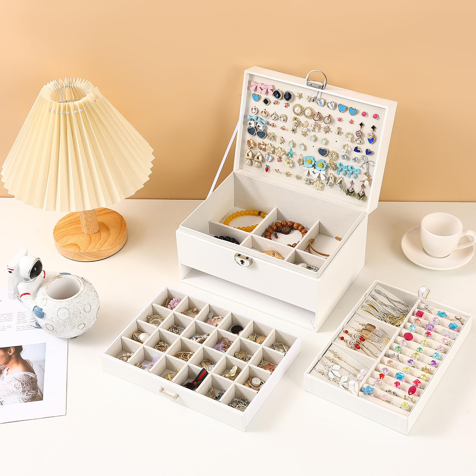 BOOVO 5-Layer Jewelry Organizer Box with Lock - Earring Holder, Necklace & Ring Storage for Women & Girls - Perfect for Travel, Home & Gift (White)