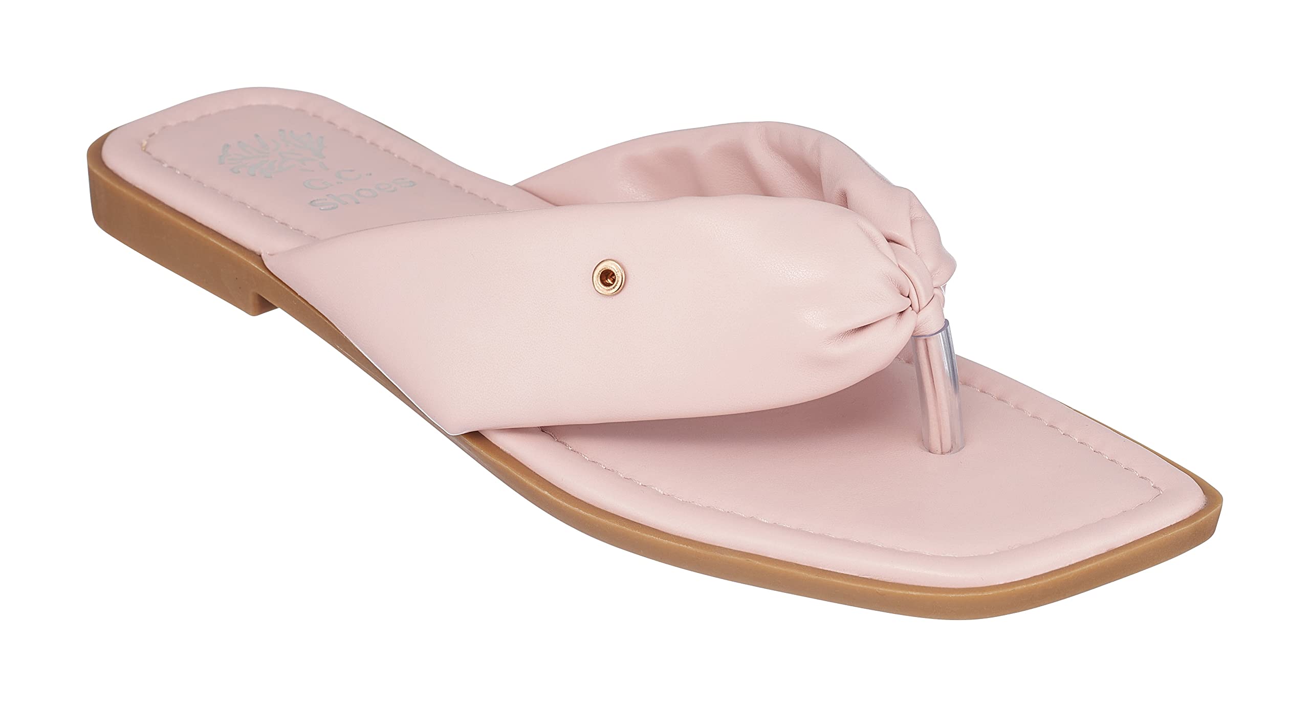 Women's Faux Leather Flat Sandals - Slip-On Summer Slides with Single Knot Band & Knotted Cross Design - Comfortable Padded Thong Sandals for Beach, Pool, Vacation & Casual Outings