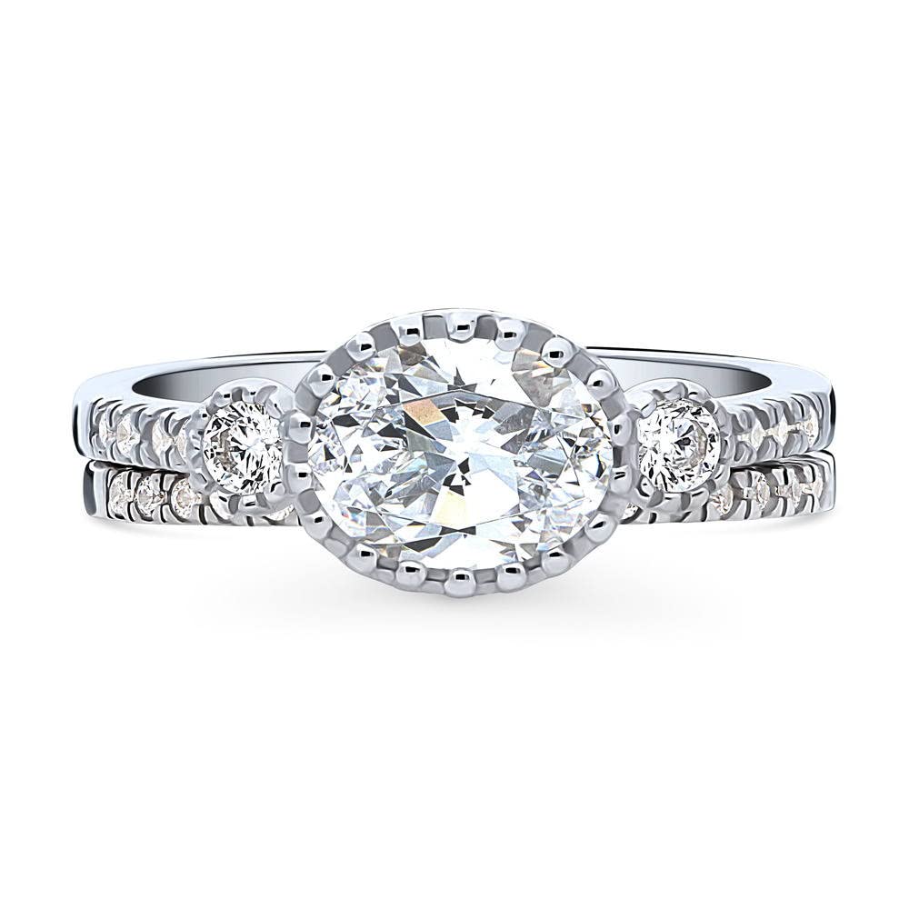 BERRICLE Sterling Silver 3-Stone Oval Cut Cubic Zirconia Engagement Ring Set for Women - 1.2 Carat CZ Wedding Band, Rhodium Plated Size 4-10 - Perfect for Proposals, Anniversaries & Special Occasions