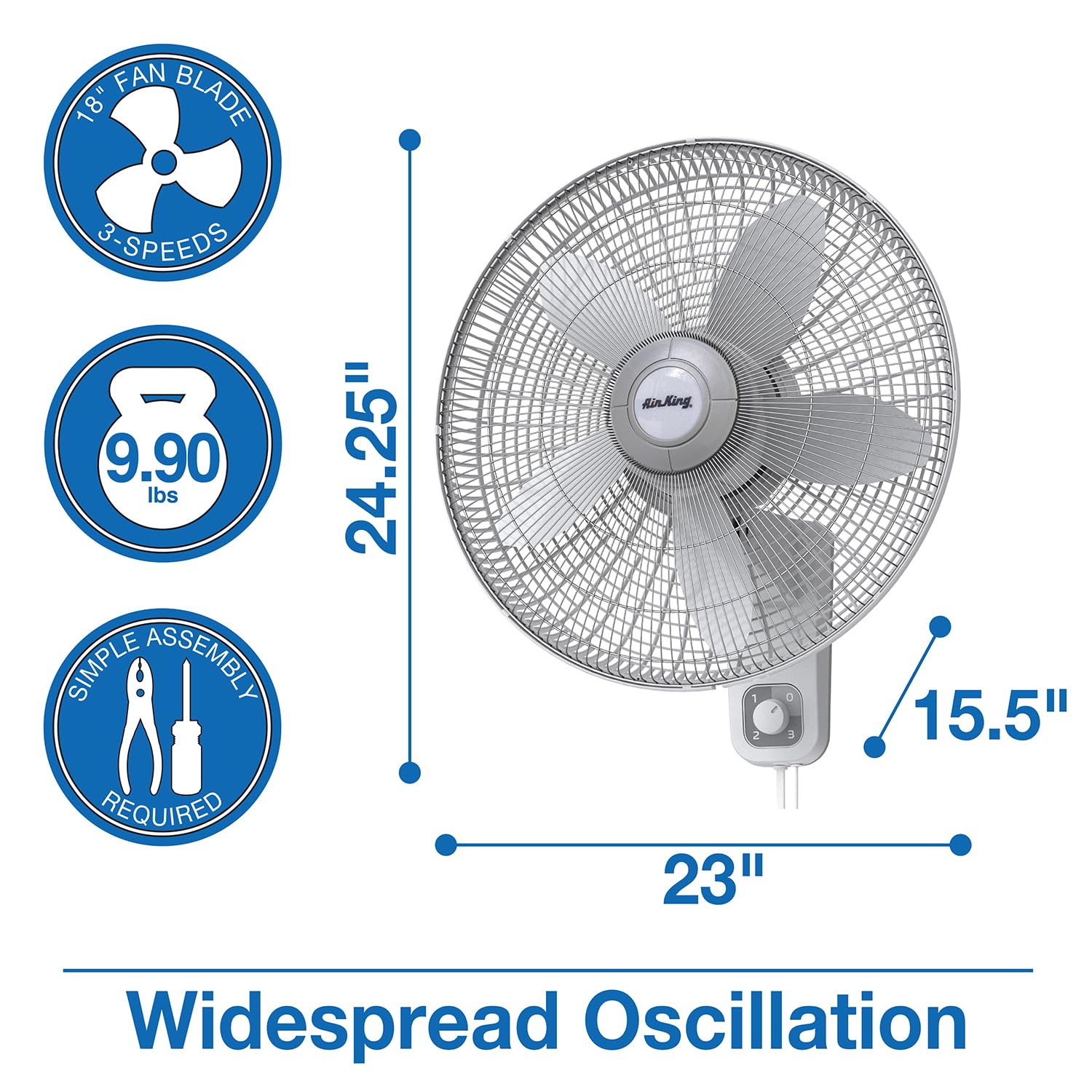Air King 9018 18-Inch Commercial Grade White Oscillating Wall Mount Fan - Perfect for Restaurants, Warehouses & Home Cooling