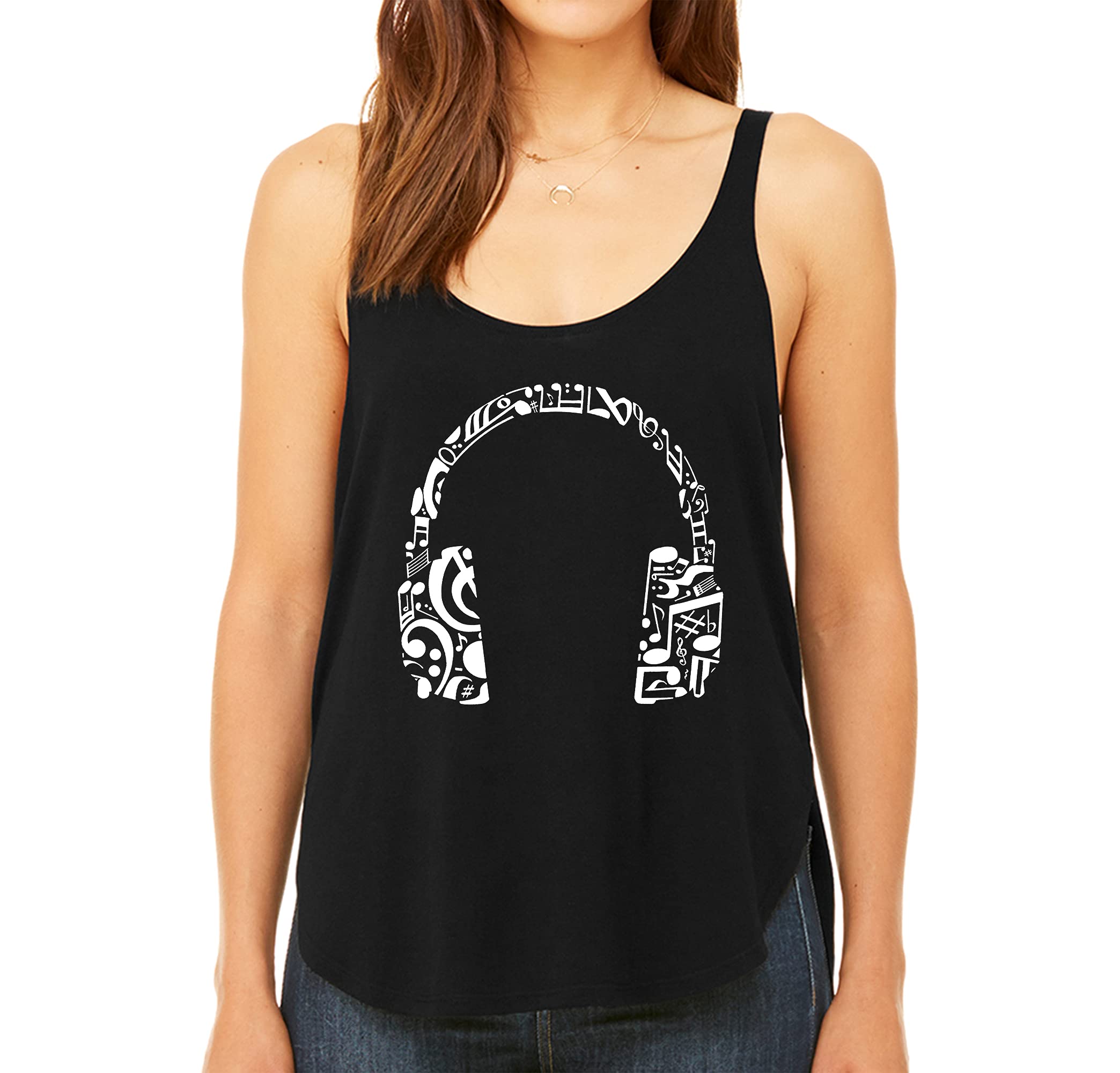LA POP ART Women's Word Art Flowy Tank Top with Music Note & Headphones Design - Black X-Large Casual Summer Top for Concerts, Music Festivals & Streetwear