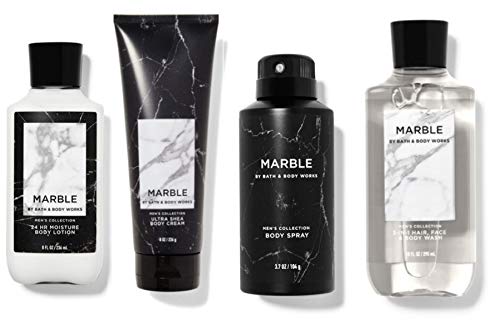 BATH AND BODY WORKS MARBLE FOR MEN Deluxe Gift Set - Deodorizing Body Spray, Moisturizing Body Lotion, Refreshing Body Wash & Nourishing Body Cream - Full Size Set for Men's Daily Grooming & Gift Giving