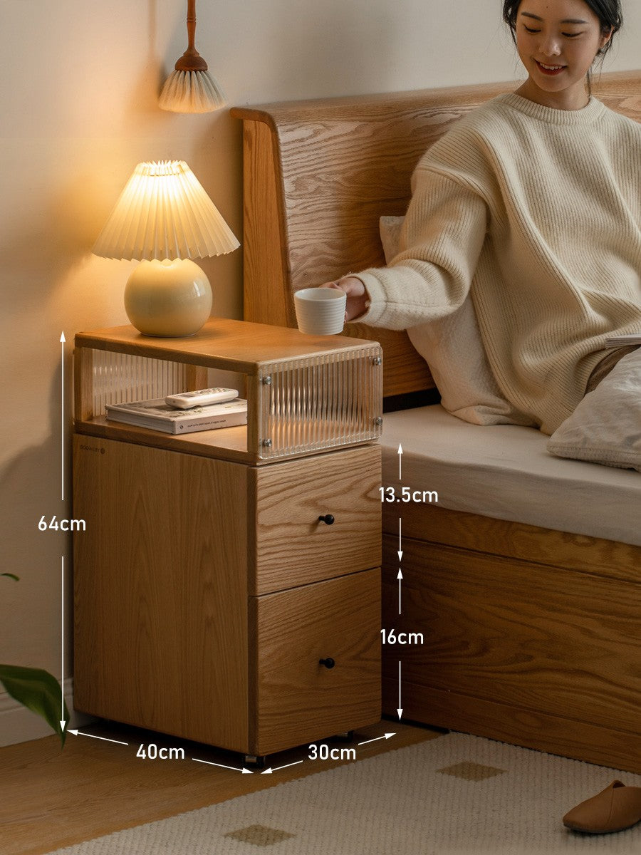 Solid Oak Wood Nightstand with Wheels and Built-in Light - Narrow Bedside Table for Small Spaces - Perfect for Bedrooms, Dorms, and Apartments