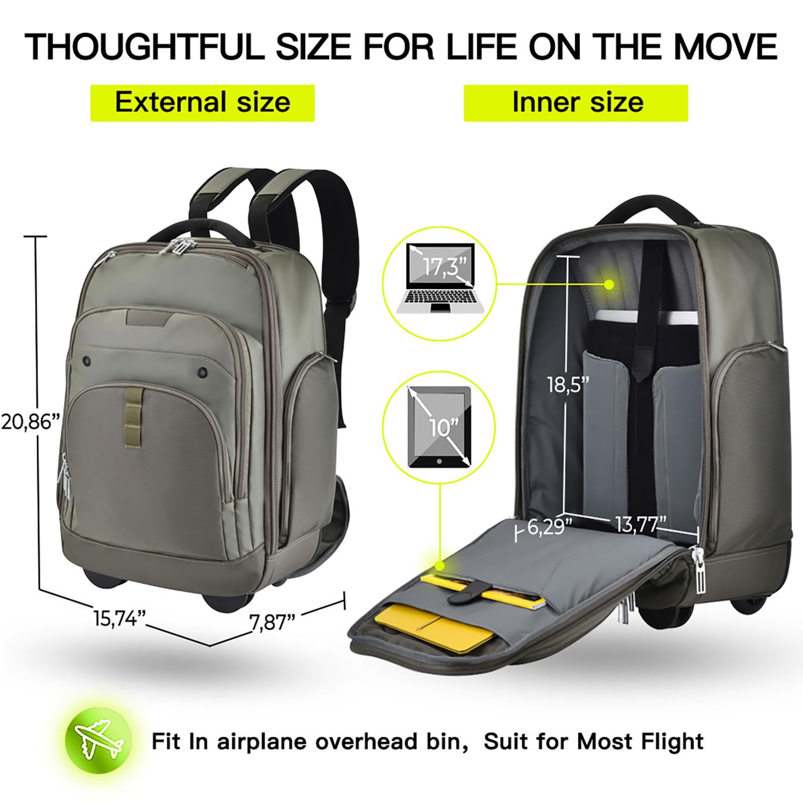 Rolling Laptop Bag with Wheels - Adjustable 13-17.3 Inch Wheeled Computer Backpack for Men & Women, Carry-on Work Bag for Business Travel & Commuting