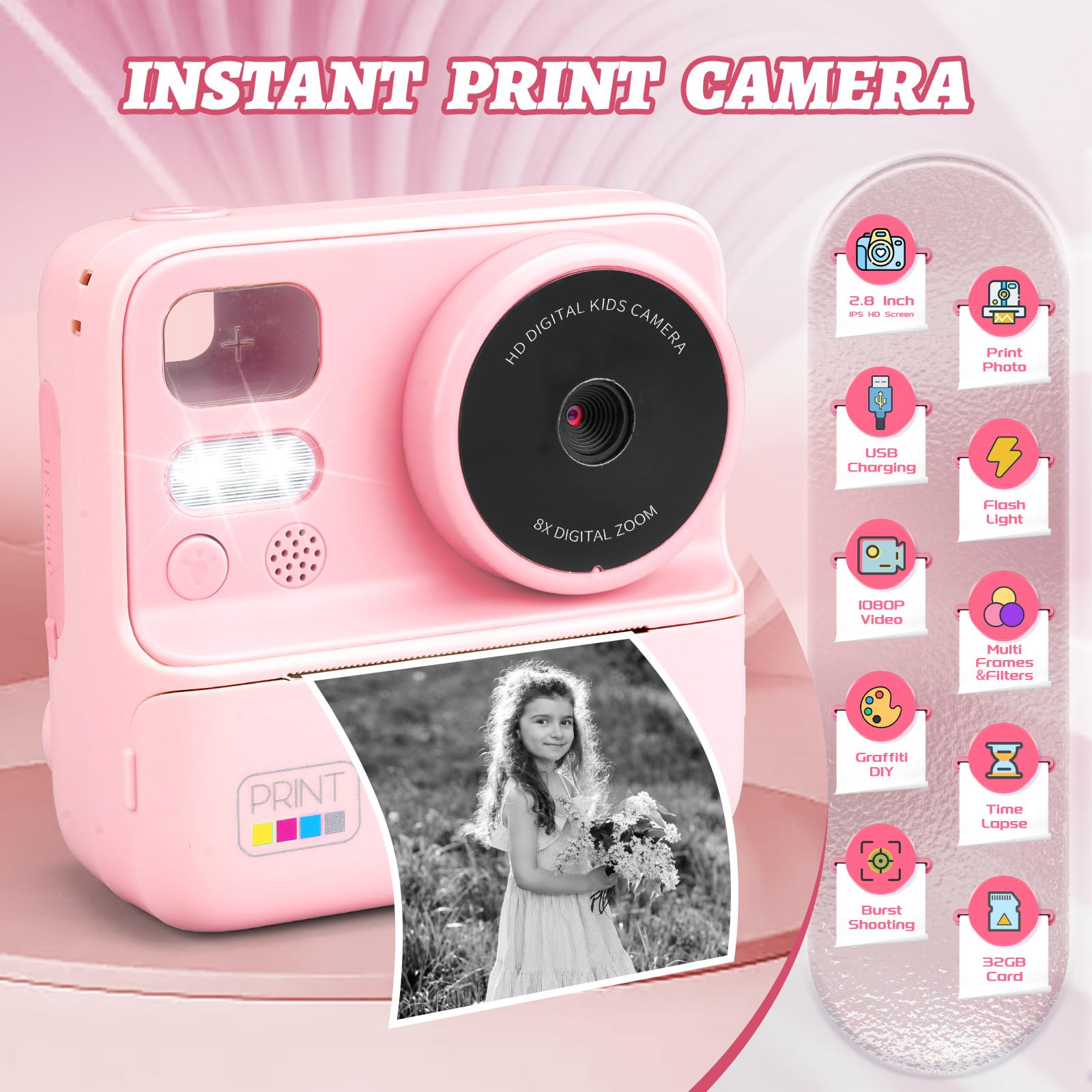 Instant Print Kids Camera with Silicone Cover - Dual Lens Digital Camera Toy for Boys & Girls Ages 3-12 | Perfect Birthday Gift for Toddlers, Travel & Family Fun (Pink)