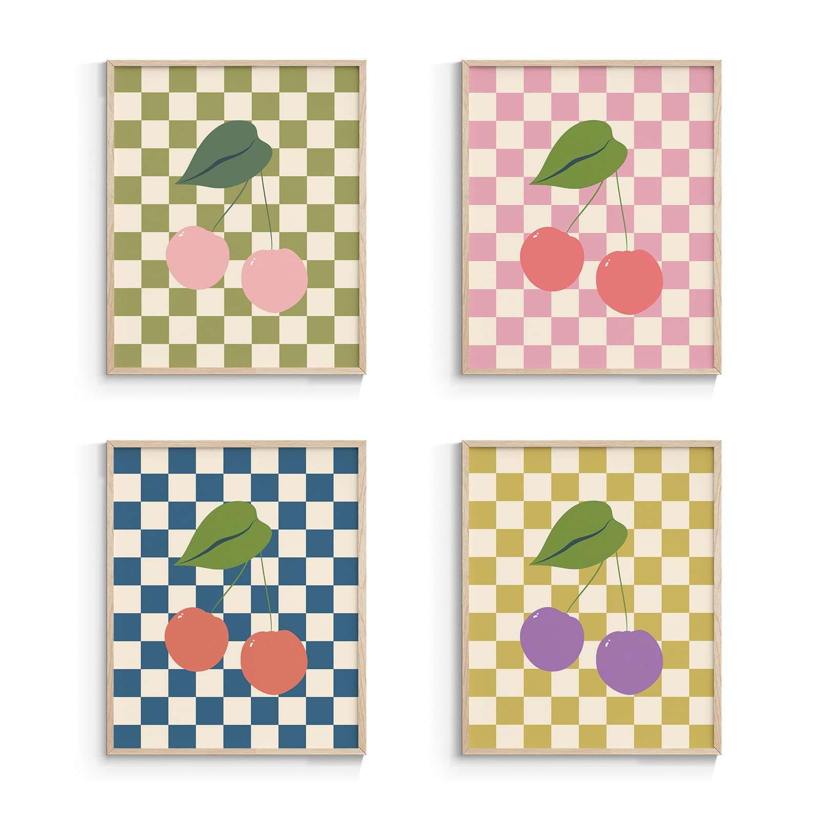 InSimSea Checkered Aesthetic Wall Art Posters - 8x10in Unframed Cherry Print, Danish Pastel Decor for Bedroom, Living Room & Bathroom - Sage Green Cute Room Decor for Girls, Teens & Dorm Rooms