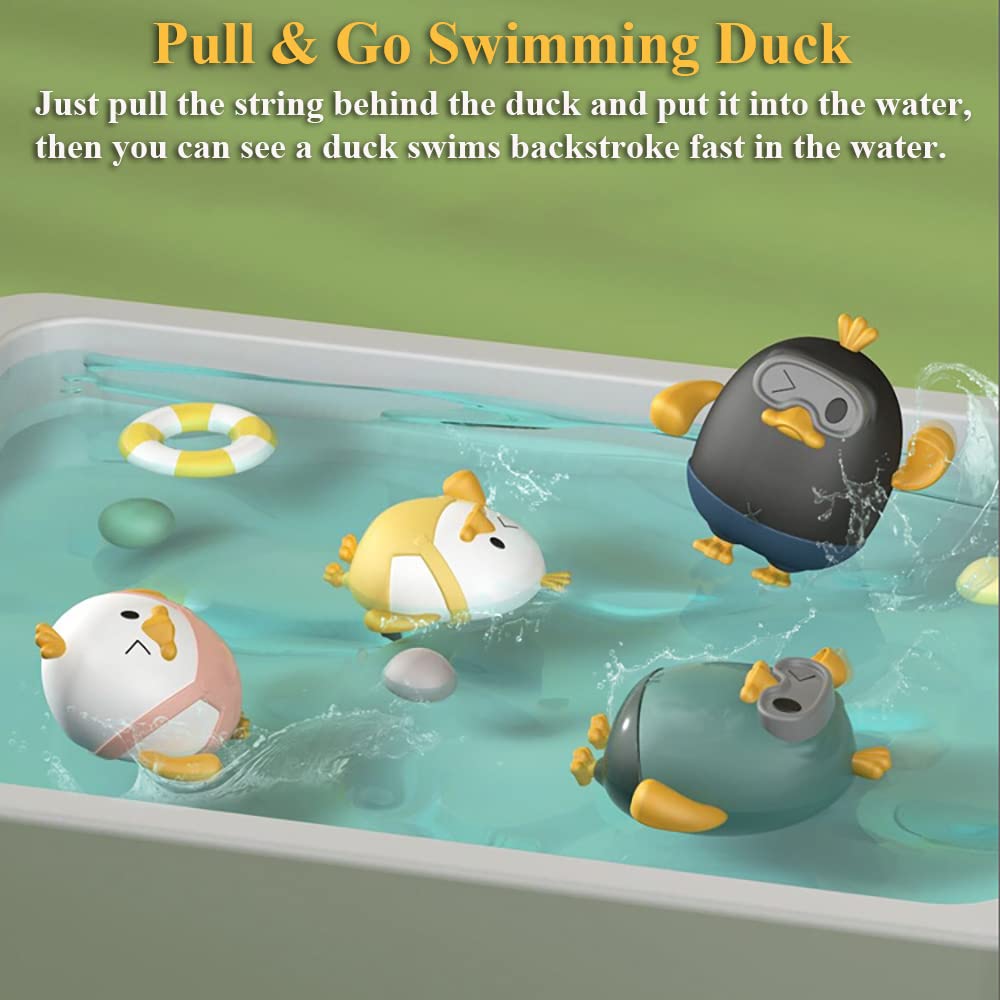2PCS Wind-Up Duck Bath Toys for Kids - Pull & Go Swimming Duckling Bathtub Toy with Jumpsuit & Goggles, Fun Water Play Toy for Boys & Girls (Blue+Pink) - Perfect for Bathtime, Pool Parties & Outdoor Water Activities
