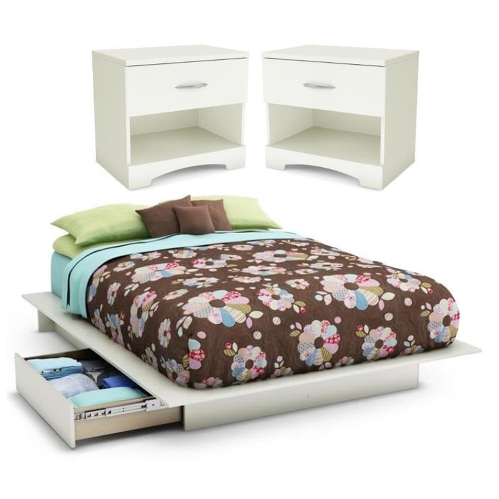 Home Square 3-Piece Bedroom Set - Queen Size Storage Bed with 2 Nightstands in Pure White | Modern Bedroom Furniture for Small Spaces & Guest Rooms