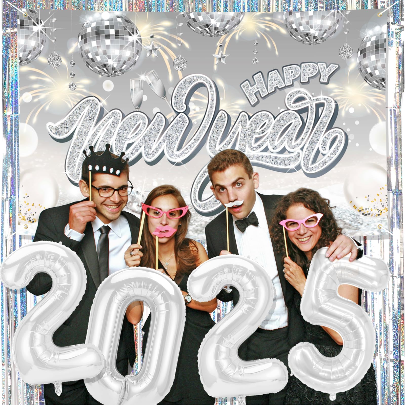 2025 New Year Decorations - Silver NYE Backdrop, Foil Fringe Curtains, Tinsel & Balloons for Party | Happy New Year Banner & Celebration Supplies for Home, Office & Event Decor