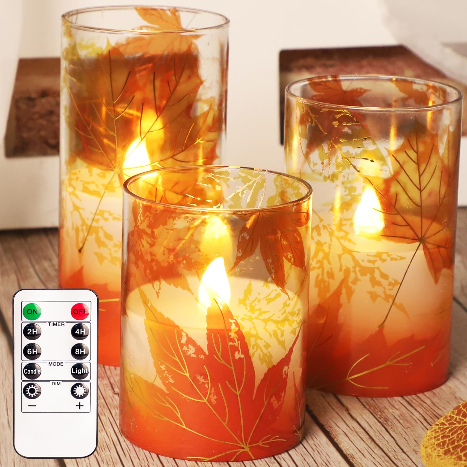 Realistic Flameless LED Candles with Remote & Timer - Battery Operated Thanksgiving Decor, Gold-Red Maple Leaf Wax Candles for Bedroom, Home, Table Centerpiece | Perfect for Holiday Gifts, Romantic Dinners & Cozy Ambiance