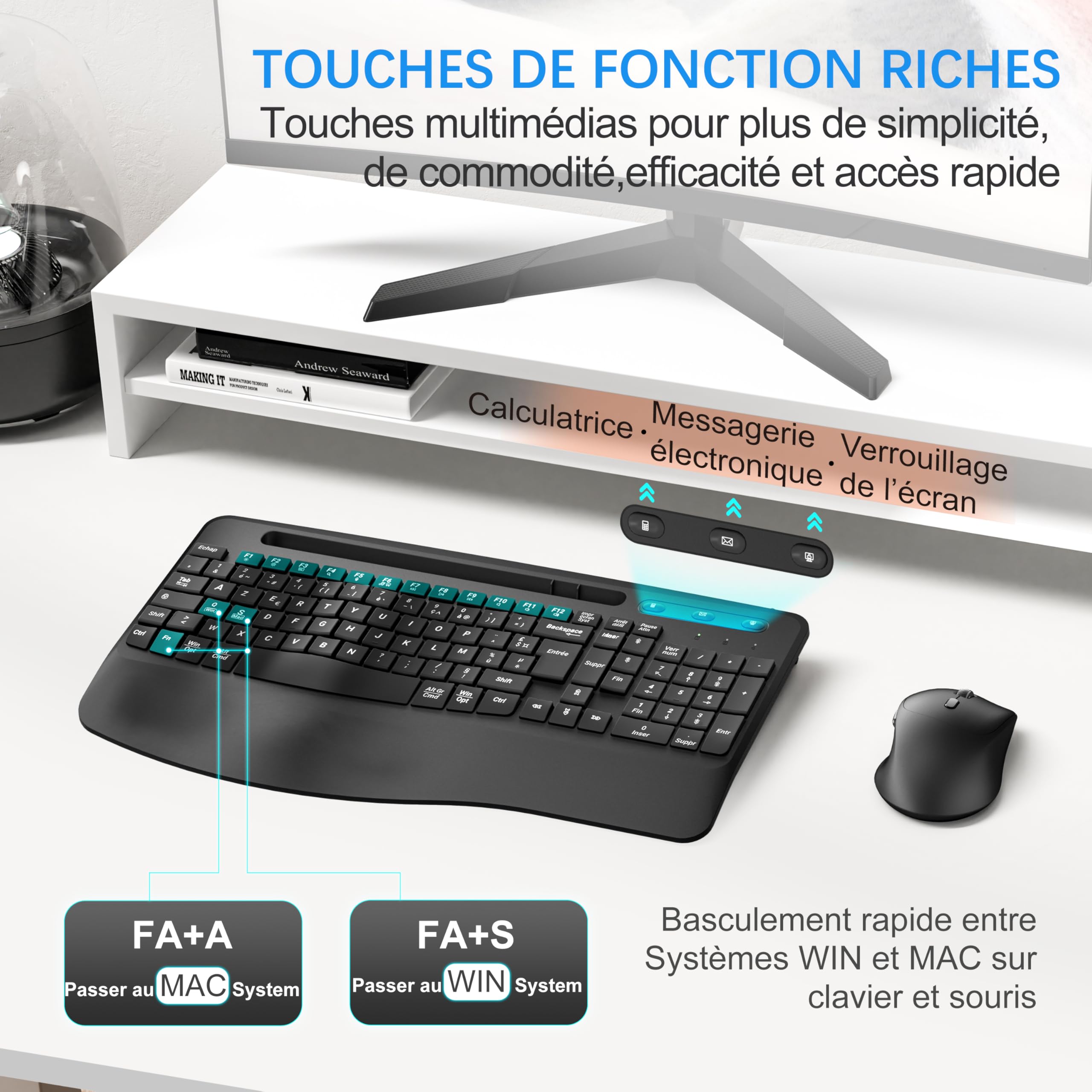 Moojay 2.4G Wireless Keyboard and Mouse Set - Ergonomic Rechargeable Silent Keyboard with Wrist Rest, Full Size Mouse for PC, Mac, Windows - Perfect for Office, Gaming & Home Use (Black)