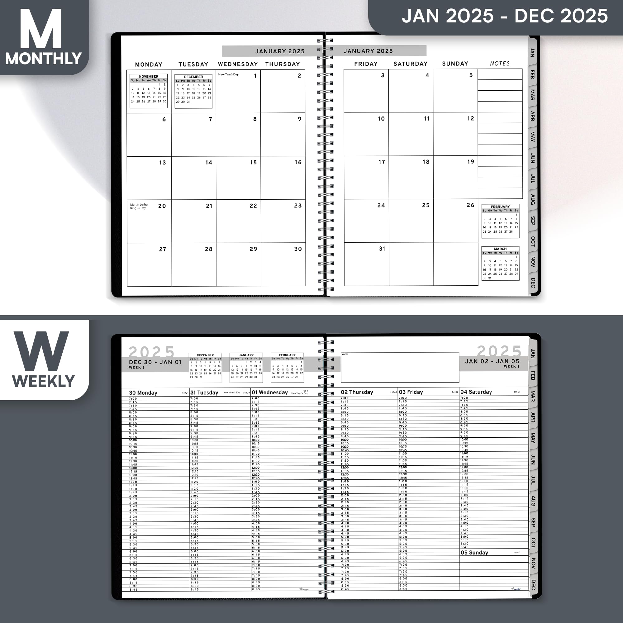 2025 Daily Planner with 15-Minute Time Slots - Large 8.5 x 11 Inch Tabbed Weekly & Monthly Organizer for Business & Personal Use - January to December 2025 Appointment Book - Perfect for Office, School, and Home Scheduling (Black)