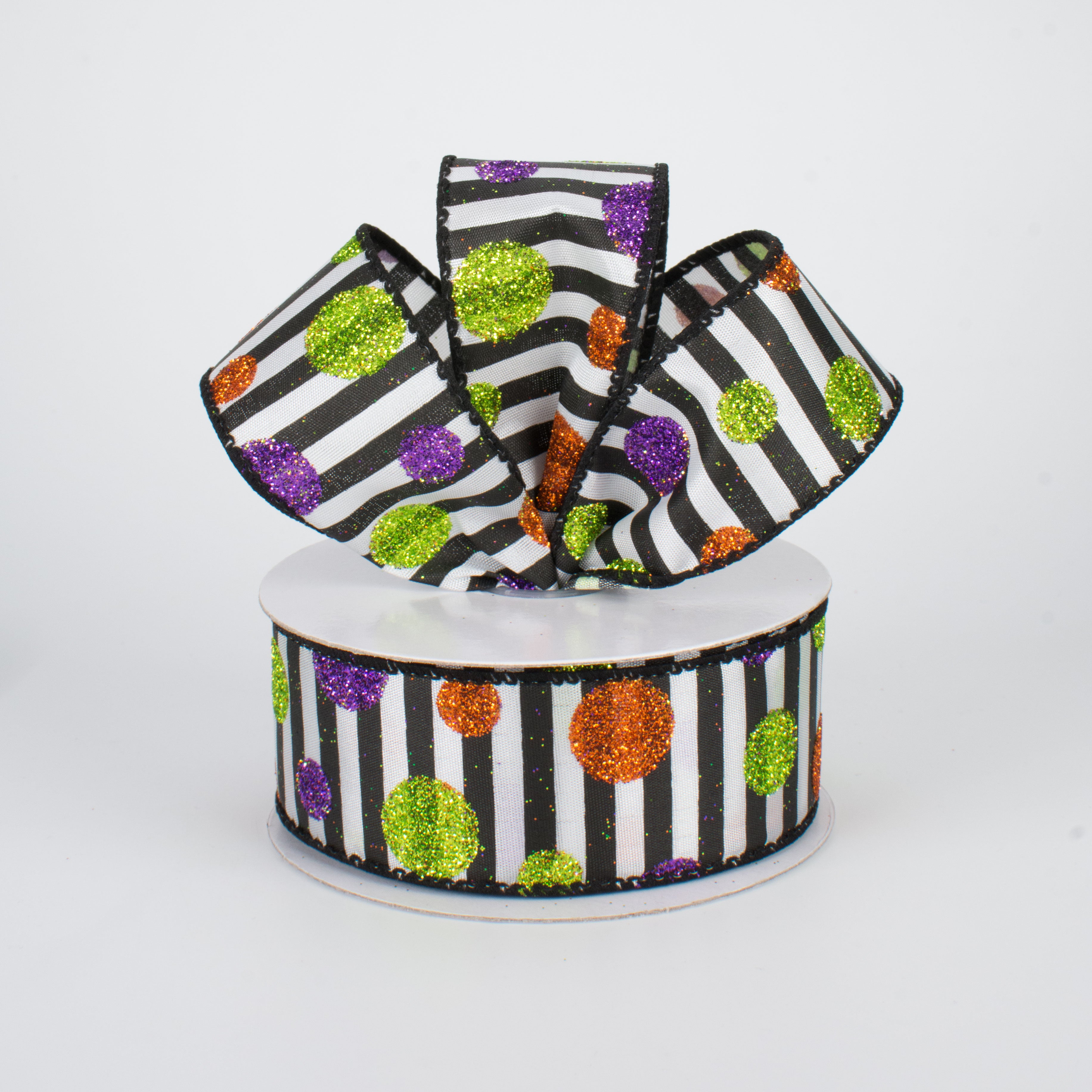 1.5 Inch Halloween Glitter Dots and Stripes Ribbon - 10 Yards Bulk Roll for Costume Decorations, Gift Wrapping, Party Supplies & DIY Crafts