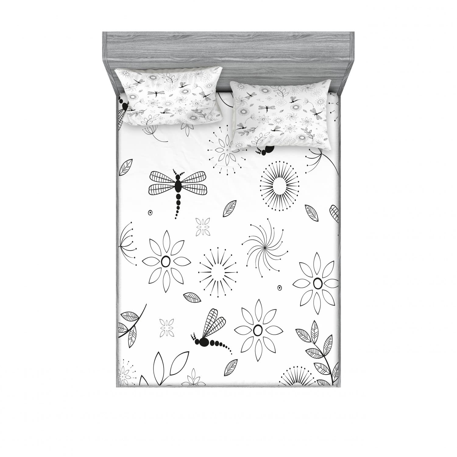 Ambesonne 2-Pack Queen Size Fitted Sheet & Pillow Sham Set - Black and White Dragonfly Floral Pattern Bedding Decor (Includes 2 Fitted Sheets & 4 Pillow Covers) | Perfect for Guest Rooms, Vacation Homes & Bohemian Bedroom Decor
