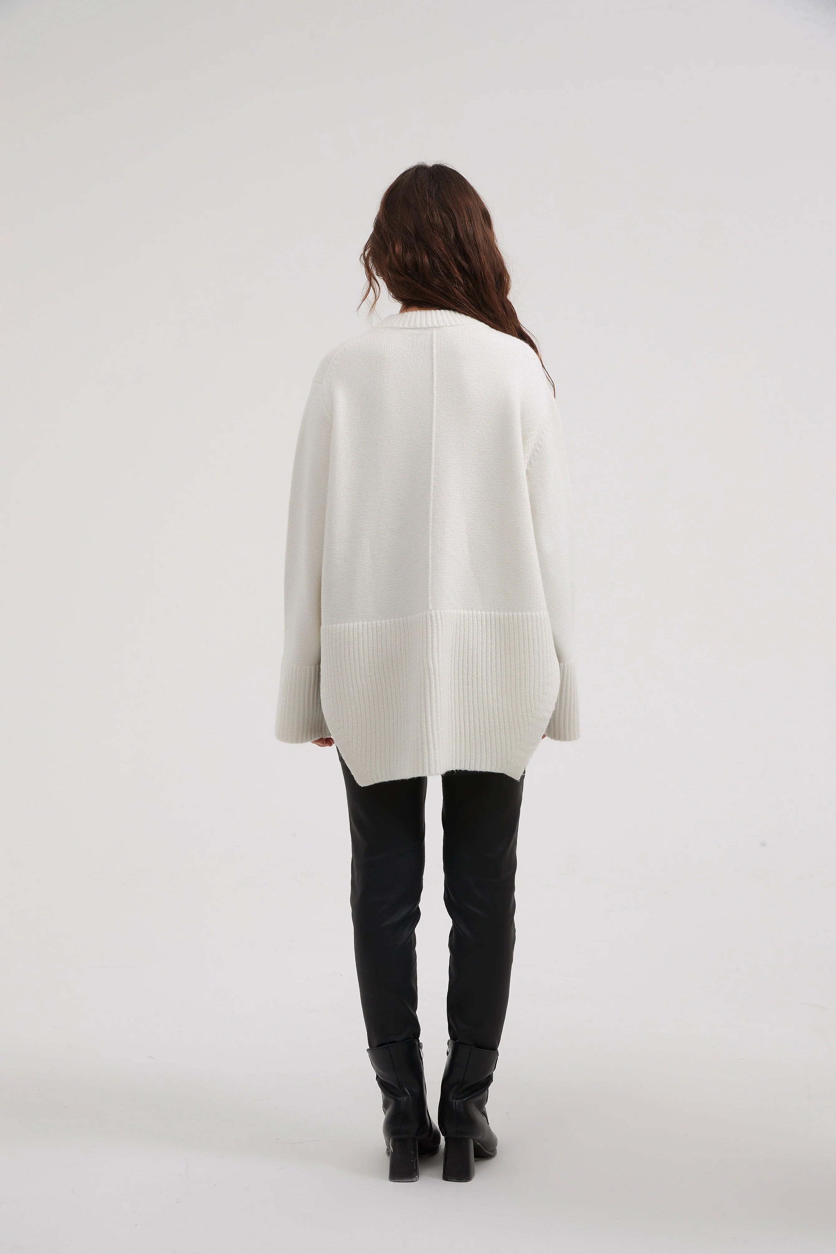 Deep Split Knit Ivory Sweater - Women's Elegant Loose Fit Pullover for Casual & Office Wear | Perfect for Fall & Winter Outfits