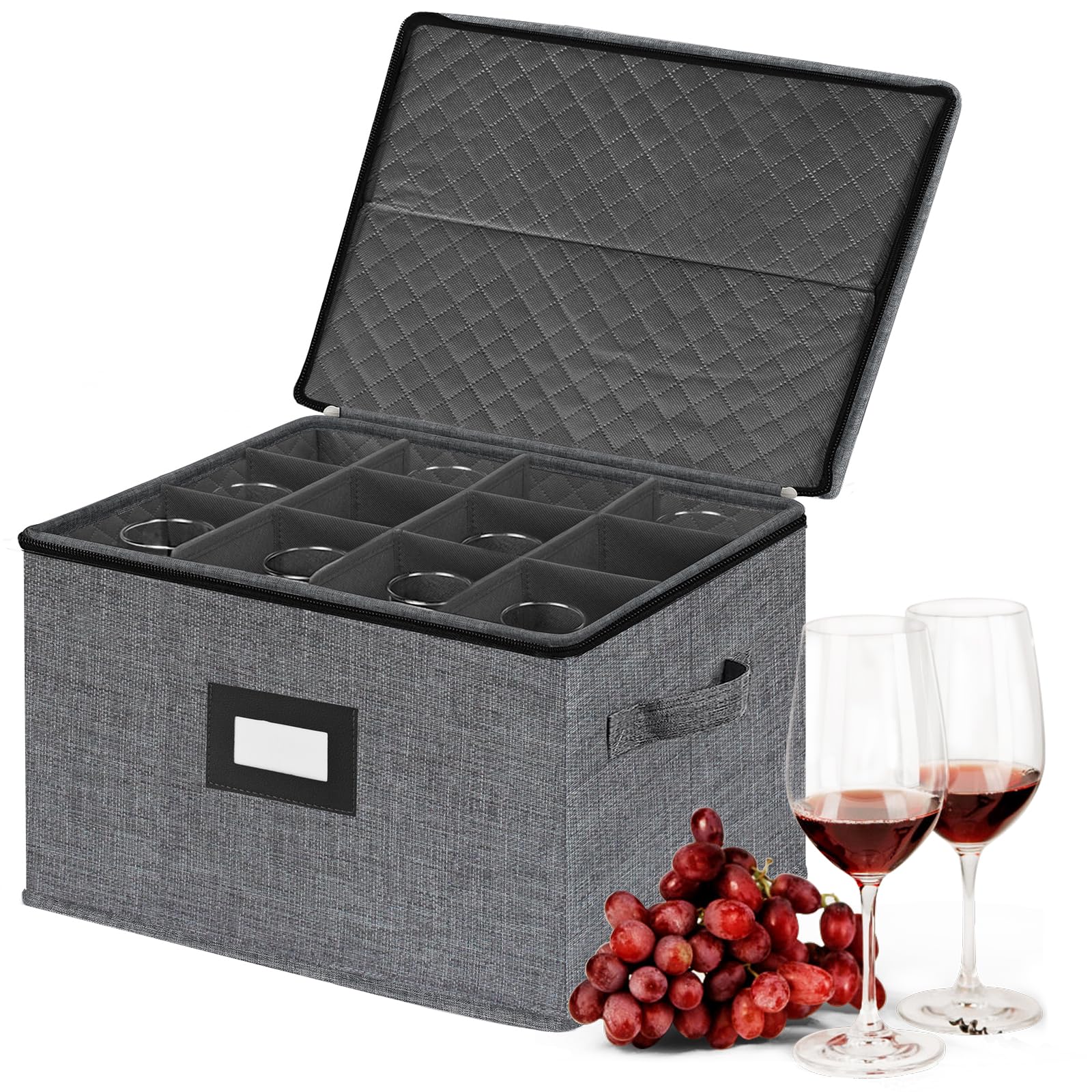 Premium Wine Glass Storage Box - 12-Cell Hard Shell Stemware Organizer with Dividers, Stackable Crystal Glassware Case, Label Window & Handles (Dark Grey) - Perfect for Home Bars, Restaurants, and Wine Collections