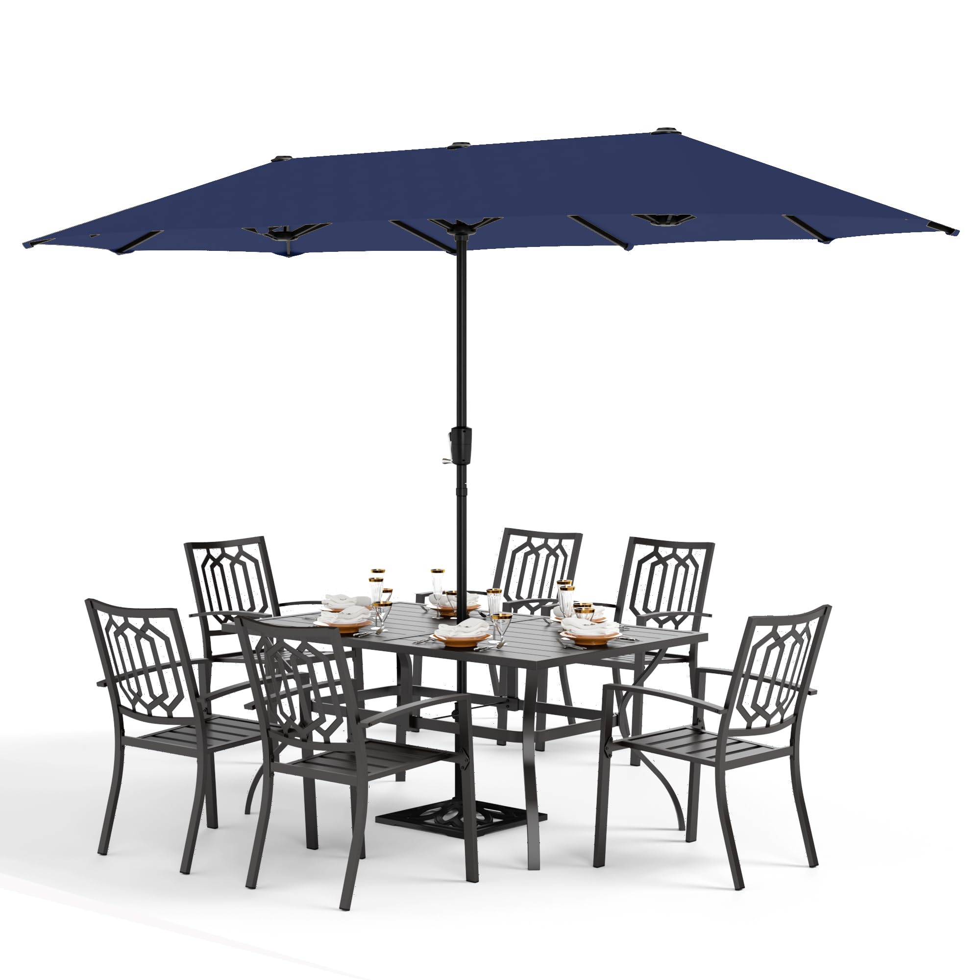 PHI VILLA 8-Piece Outdoor Patio Dining Set with 13ft Double-Sided Umbrella (Navy Blue) - 6 Stackable Metal Chairs & 60