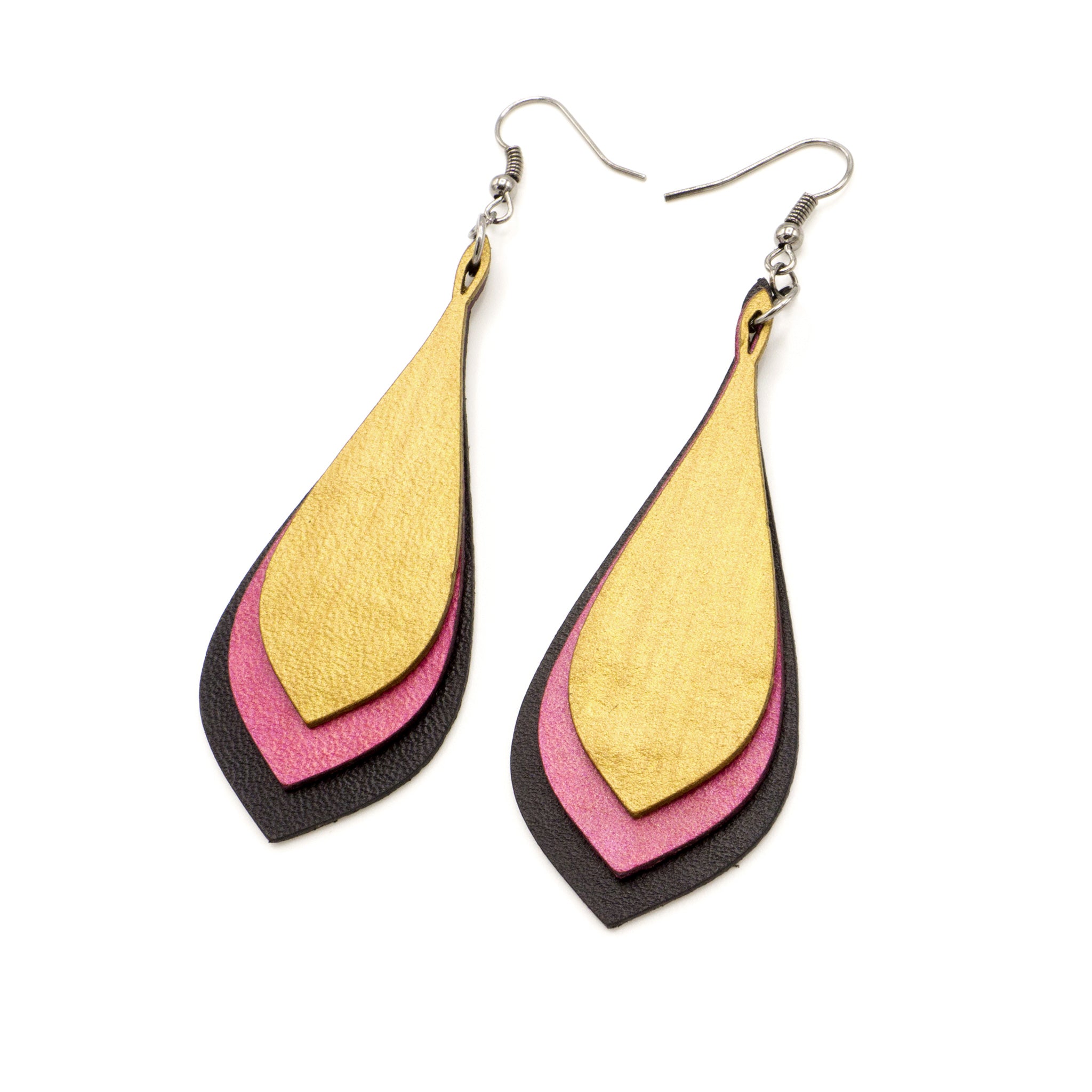 Elegant Kireina Leather Earrings for Women - Black, Fuchsia Pearl & Gold Accents | Boho Chic Jewelry for Parties, Weddings & Everyday Wear