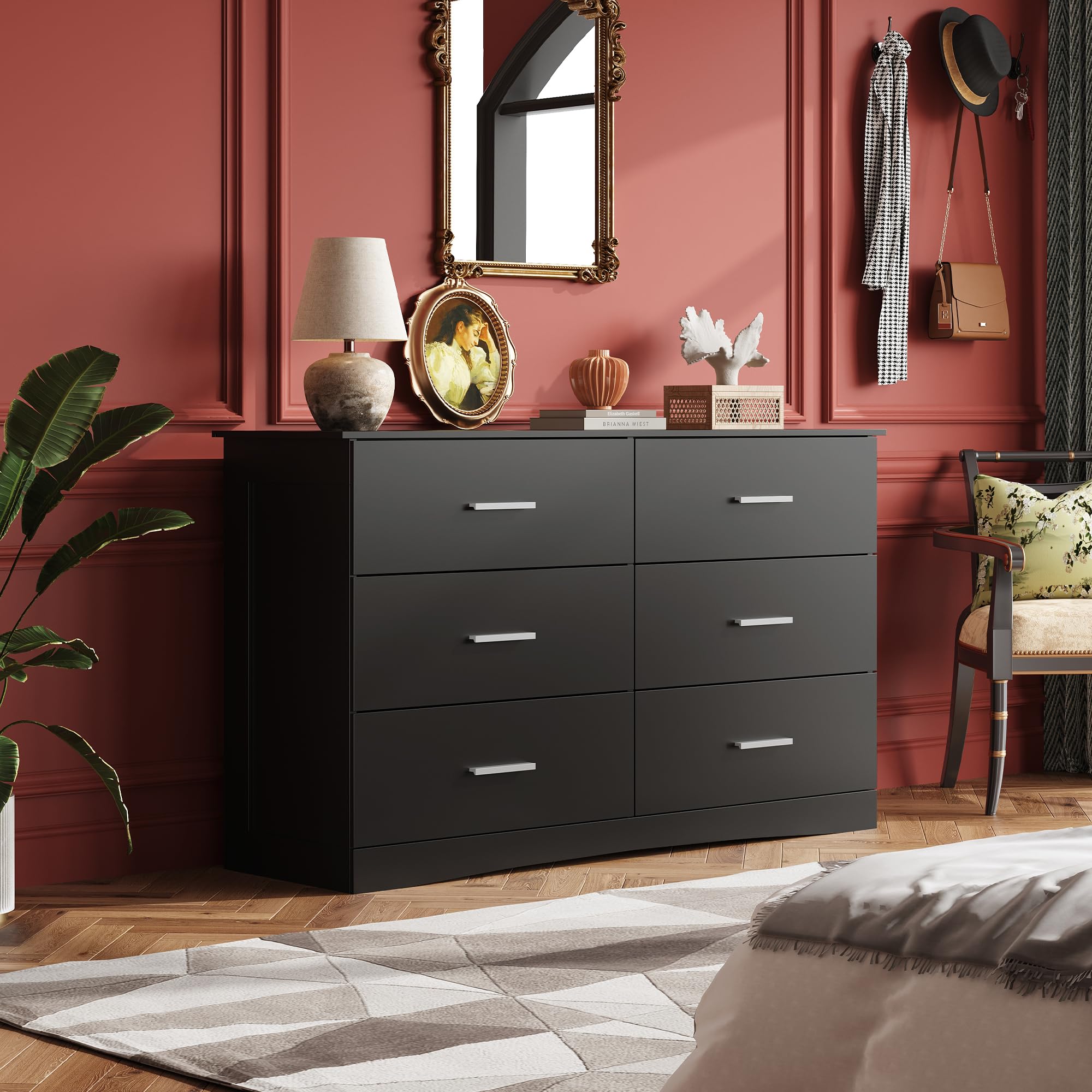 WLIVE 6-Drawer Oak Wood Dresser for Bedroom - Modern Minimalist Black Chest of Drawers with Large Storage, Closet Organizer for Living Room, Hallway & Nightstand | Perfect for Small Spaces & Apartment Storage Solutions