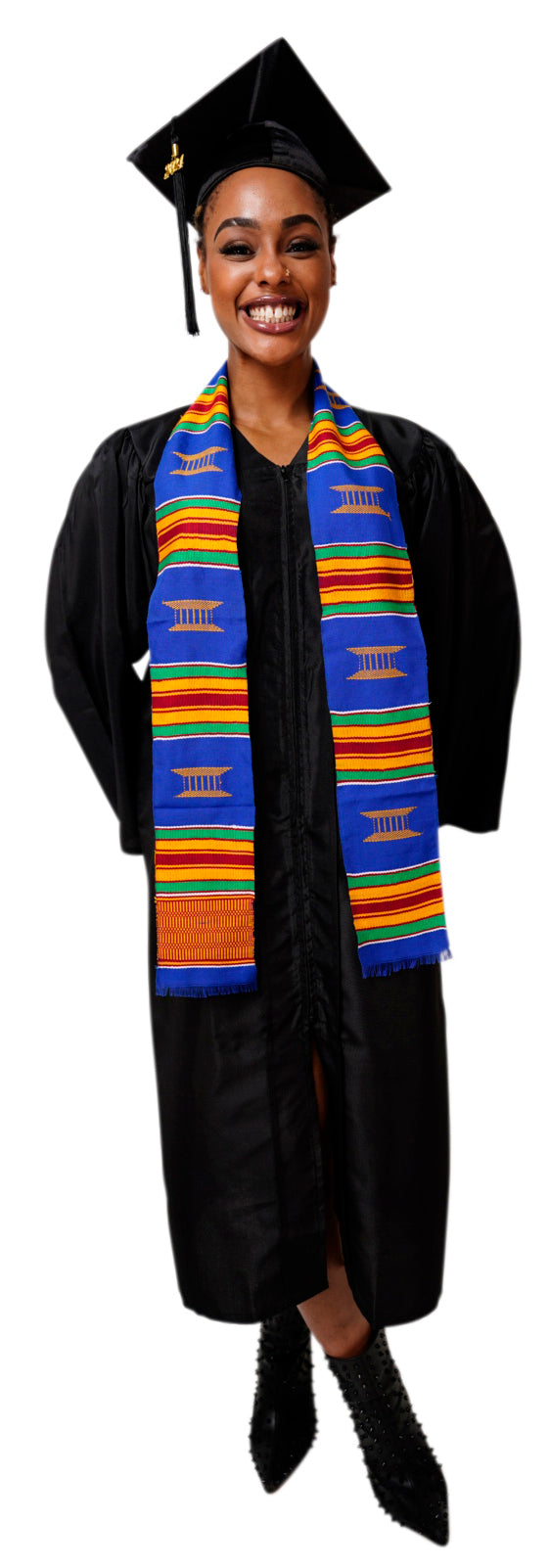 Hand Woven Blue and Gold Kente Cloth Graduation Stole - Authentic African Heritage Sash DP2169BLU for Graduation Ceremonies, Cultural Events & African Pride Celebrations