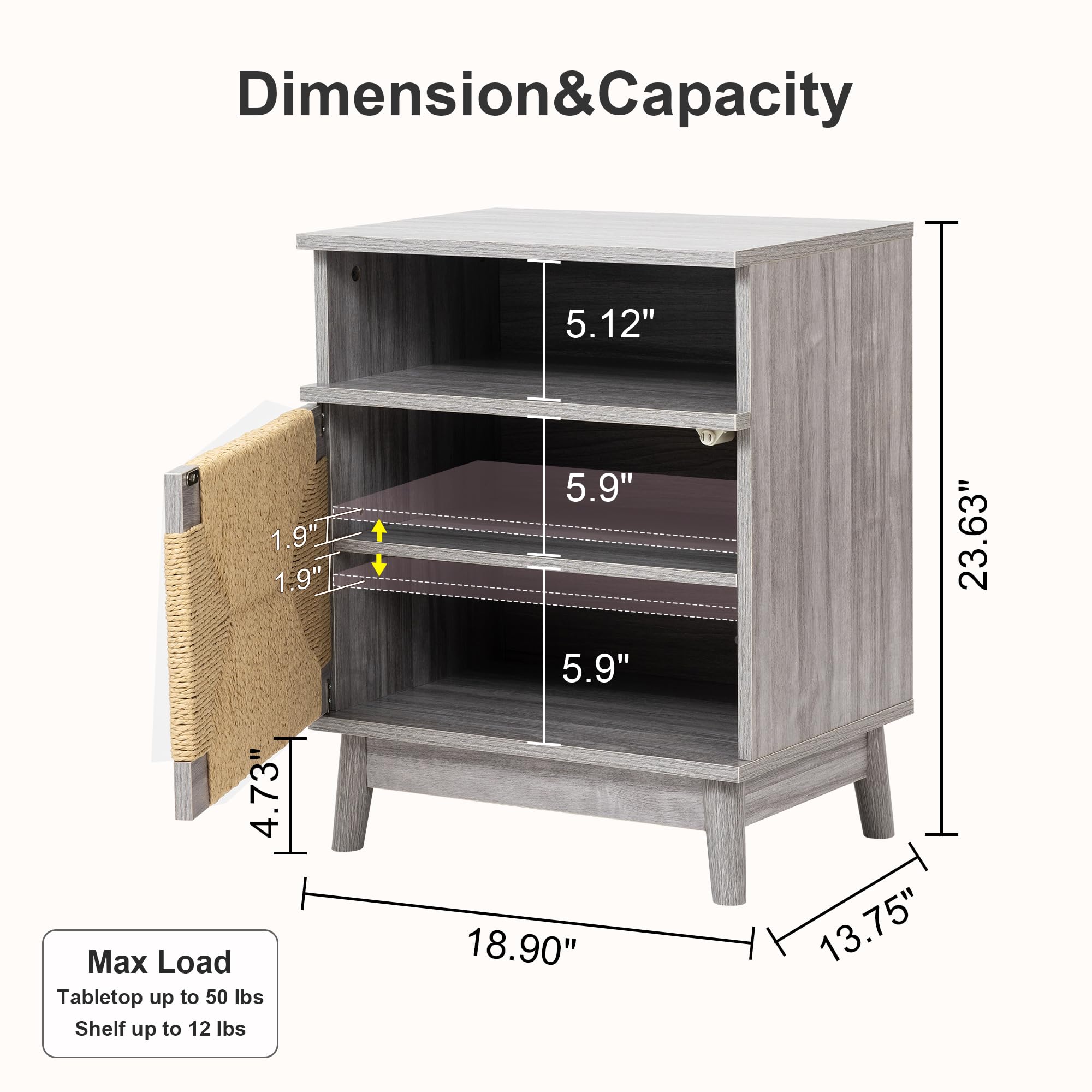 XIAO WEI Large Night Stand Set of 2 - Hand-Woven Natural Paper Rope Doors Boho Bedside Tables - Grey Accent End Tables for Bedroom, Living Room & Dorm Decor