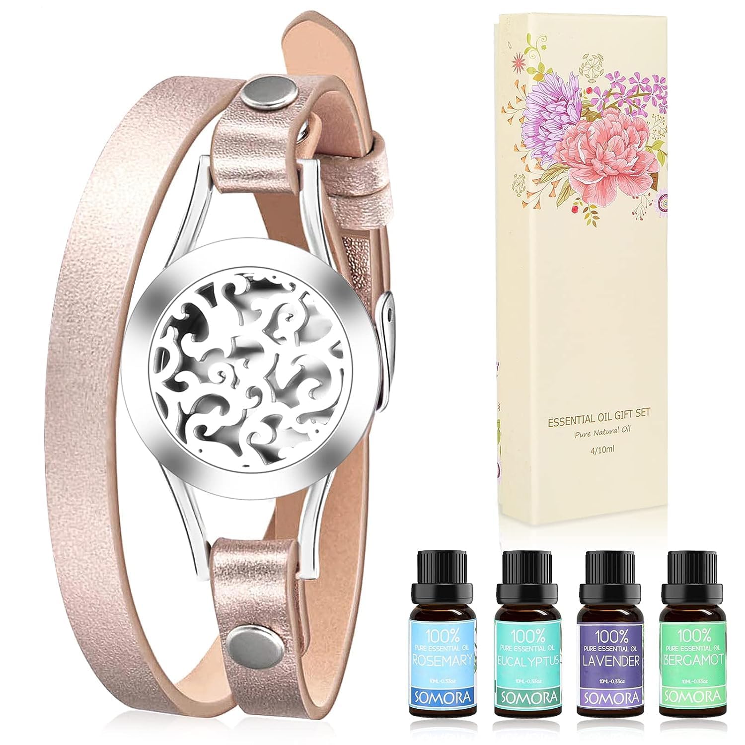 SOMORA Aromatherapy Essential Oil Diffuser Bracelet Gift Set with Rosemary, Lavender, Bergamot & Eucalyptus Oils - Perfect Women's Gift for Mom, Wife, Sister & Best Friend - Birthday, Meditation, Yoga & Stress Relief Accessory
