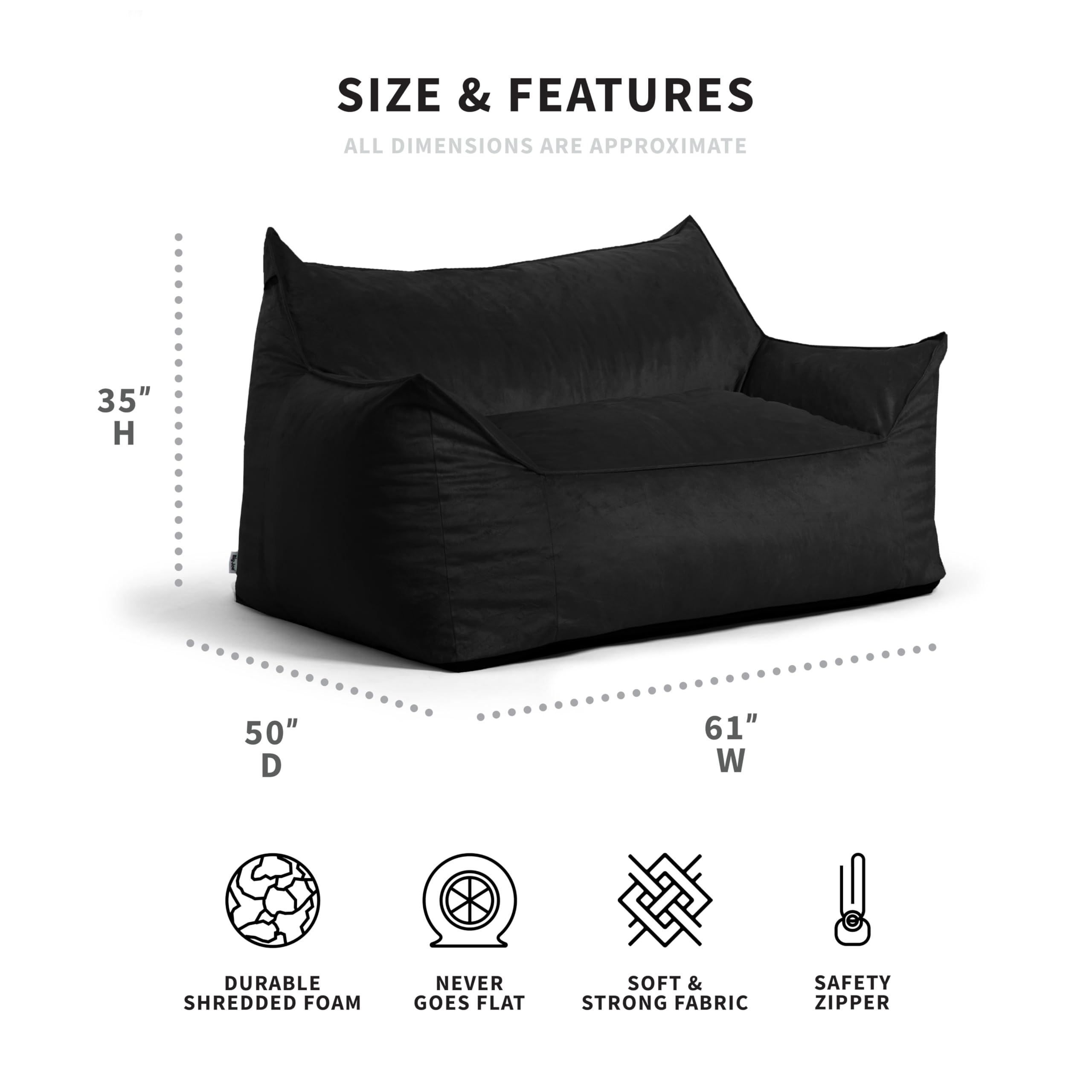 Big Joe Imperial Fuf Foam Filled Bean Bag Sofa - 5ft Giant Size with Removable Black Plush Cover | Ultra Soft Polyester | Perfect for Living Rooms, Game Rooms & Dorm Lounging