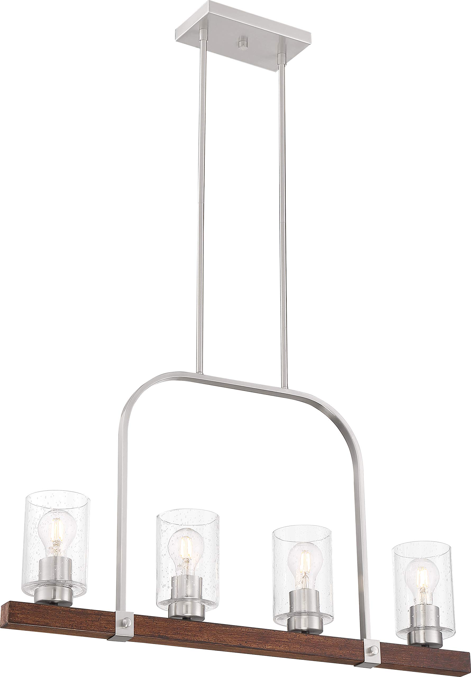 NUVO 60/6967 Arabel Island 4-Light Pendant Light Fixture - Brushed Nickel & Nutmeg Wood Finish with Clear Seeded Glass - Perfect for Kitchen Island, Dining Room, or Entryway Lighting