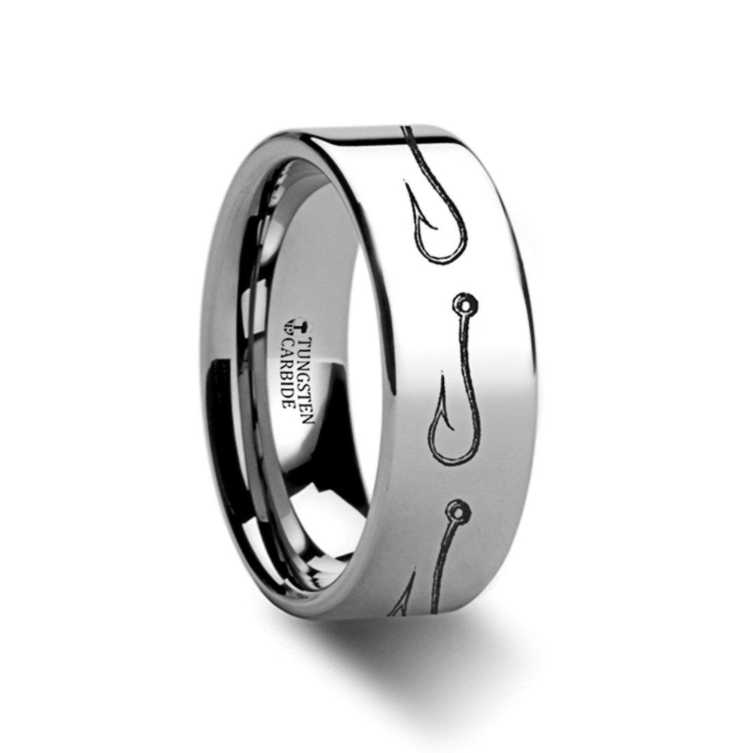 Stylish 6mm Wide Tungsten Wedding Band - Artistic Fishing Hook & Sea Print Pattern Ring for Men, Durable & Polished - Perfect for Outdoor Enthusiasts & Fishing Lovers