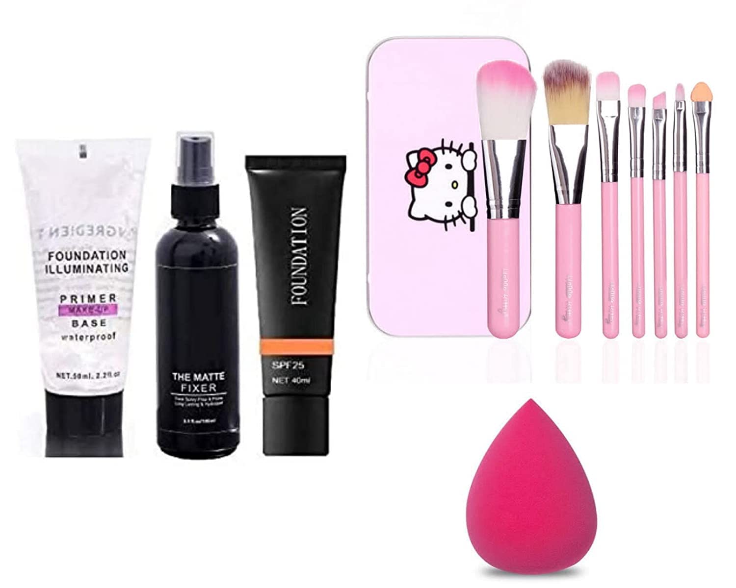 7-Piece Pink Makeup Brush Set with Matte Fixing Spray, Primer, Foundation & Beauty Blender - Complete Cosmetic Kit for Women & Girls | Perfect for Daily Makeup, Contouring & Professional Looks