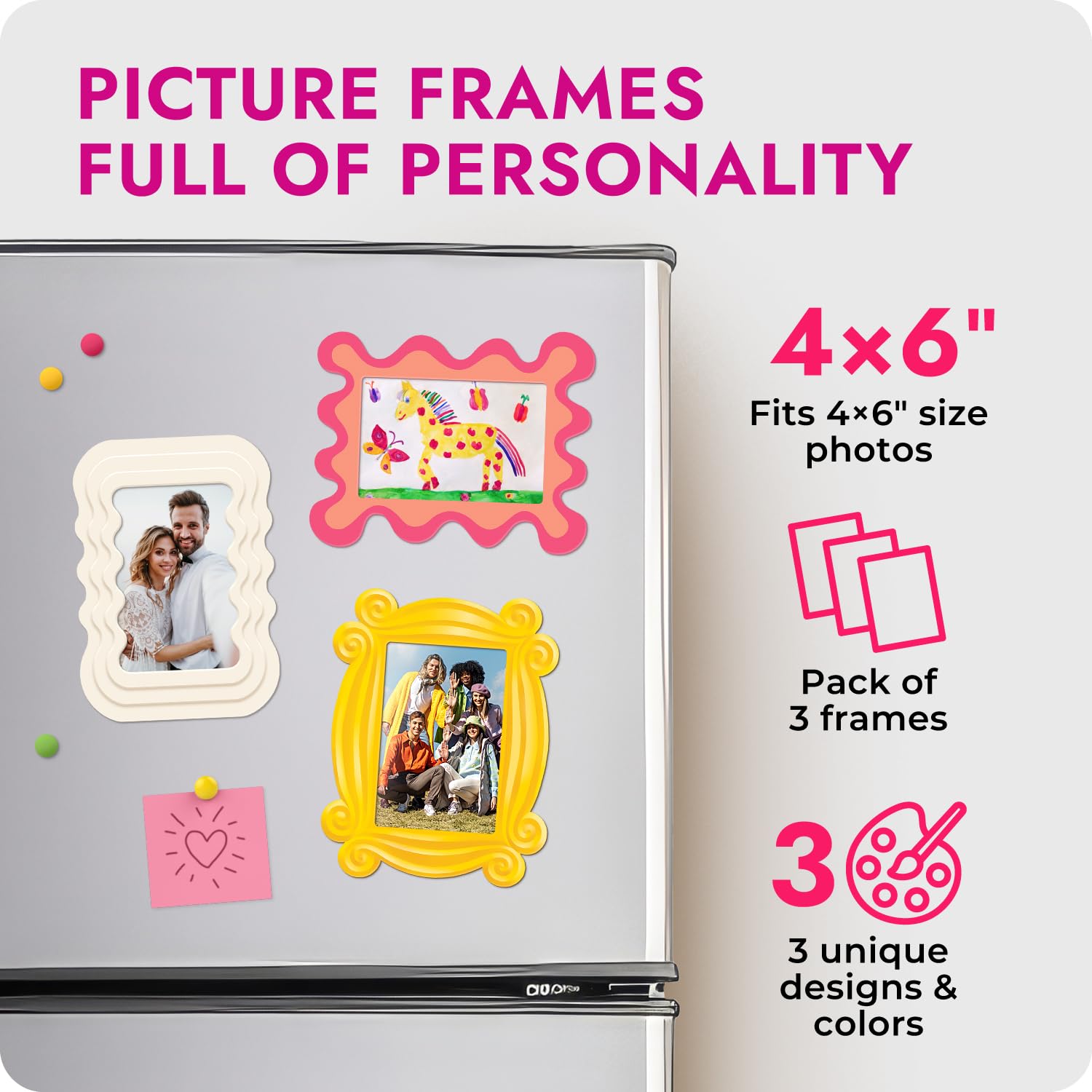 Magnetic Photo Frames 4x6 - 3 Pack Fun Refrigerator Picture Frames with Strong Magnets for Fridge, Locker, Office & Home Decor - Perfect for Displaying Family Photos, Artwork and Memorable Moments