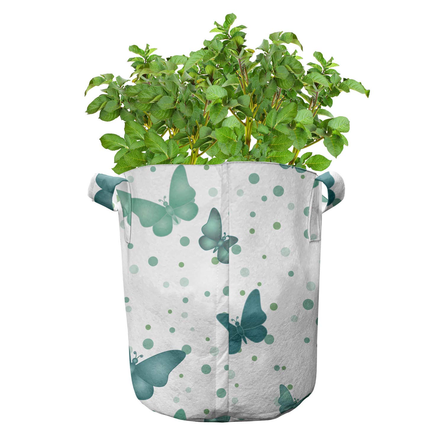 Lunarable 5-Pack Heavy Duty Butterfly Print Fabric Grow Bags with Handles - White & Teal Plant Pots for Indoor/Outdoor Gardening, Vegetables, Flowers & Herbs
