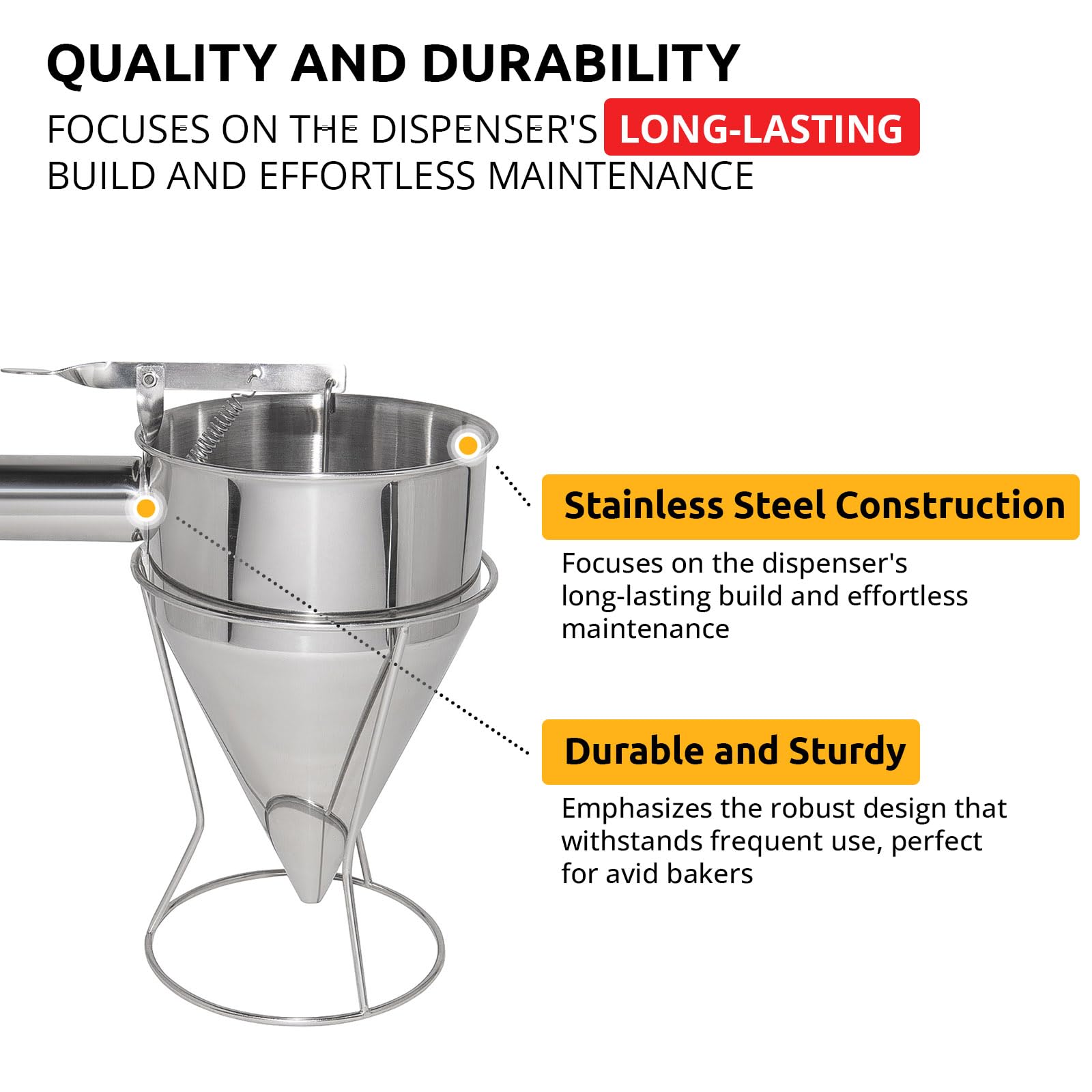 ALDKitchen Stainless Steel Batter Dispenser with Stand - Perfect for Pancakes, Waffles, Donuts & Baking - Easy Pour Funnel Dough Dispenser for Home & Commercial Kitchens