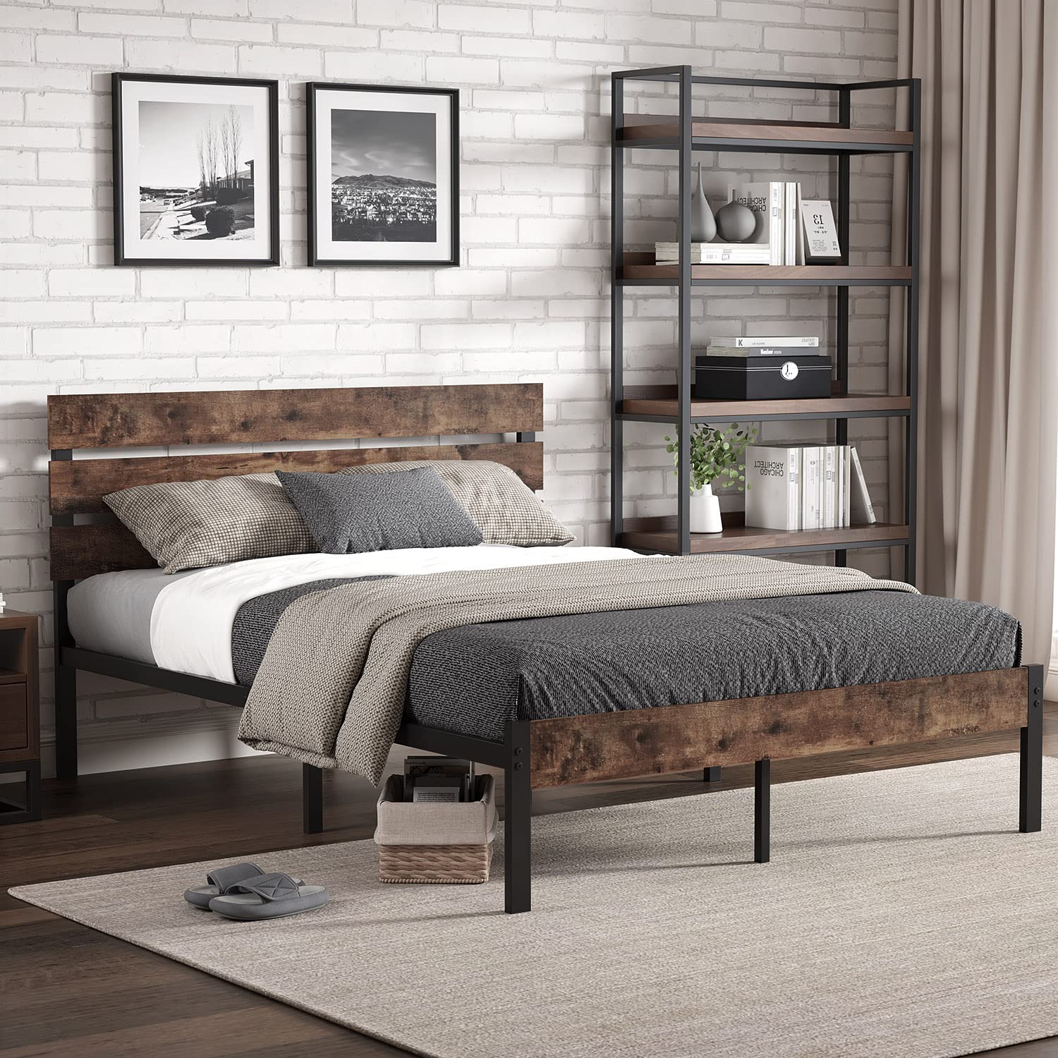 **Sturdy Bed Frame with Solid Wood Headboard - Heavy Duty Metal Slats for Support - No Box Spring Needed - Noise Free & Easy Assembly - Twin XL/Queen/King Size - Perfect for Master Bedroom, Guest Room & Dorm**
