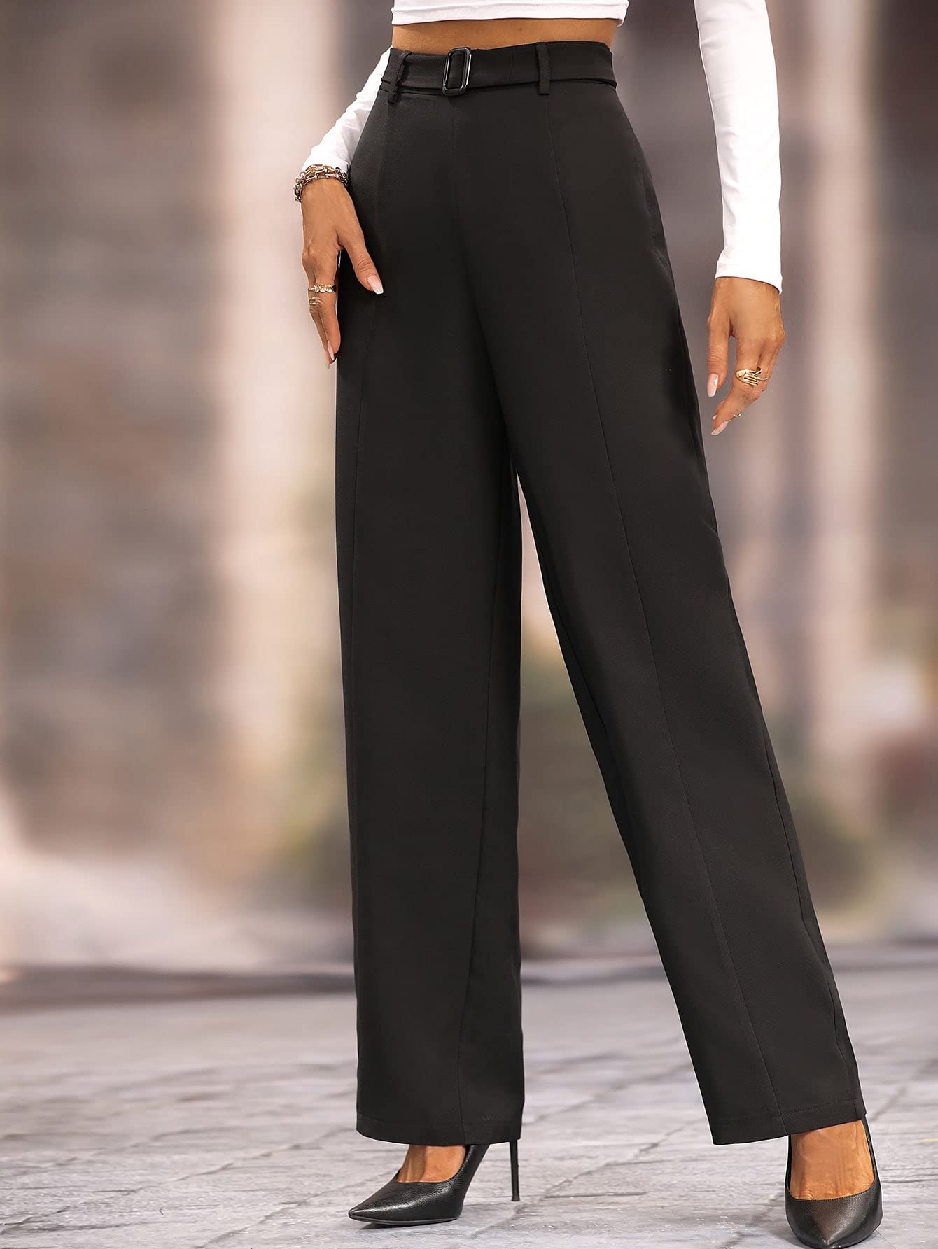 SweatyRocks Women's High Waist Belted Trousers - Elegant Straight Leg Office Pants for Business Casual & Professional Workwear | Perfect for Office, Meetings & Formal Events
