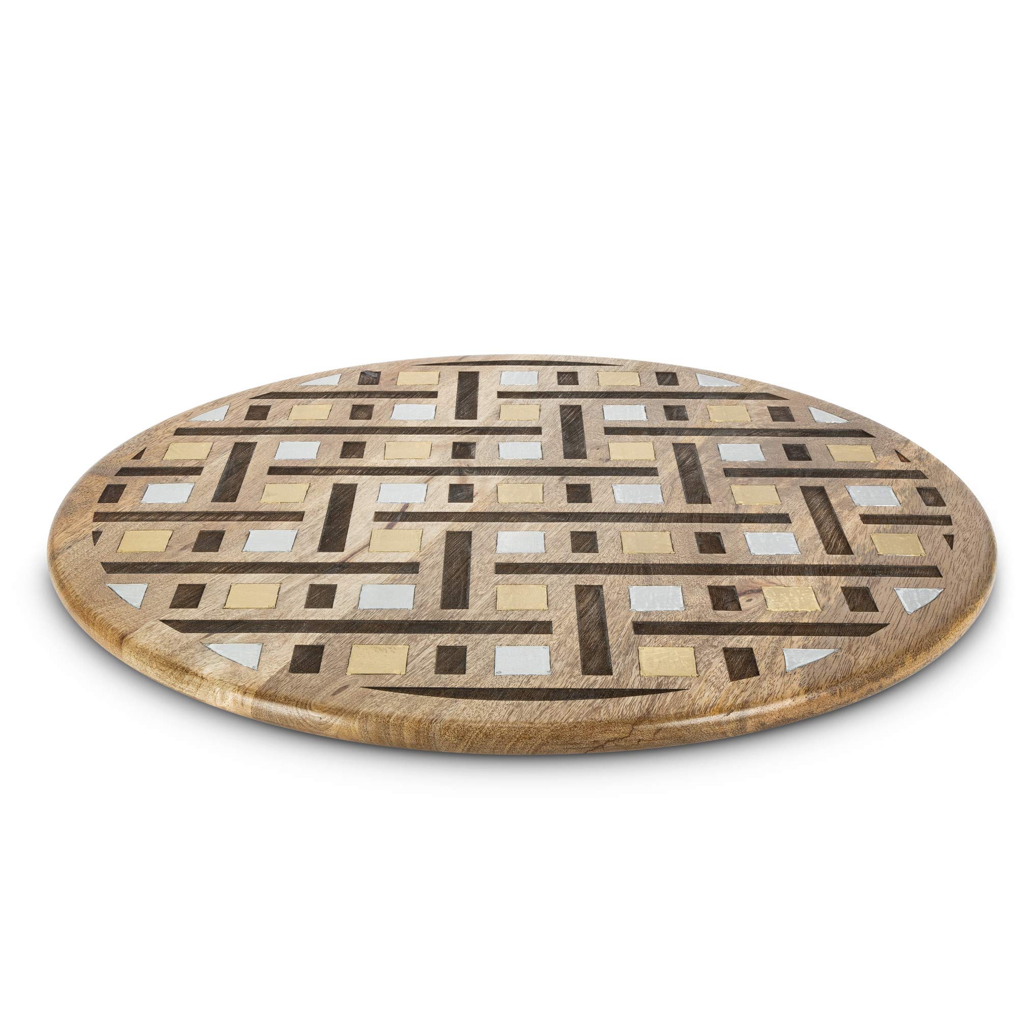 Lazy Susan Turntable - 22 Inch Round Wooden Rotating Tray with Decorative Inlay/Laser Weave Design - Perfect for Dining Table, Kitchen Countertop, or Home Decor (Brown, 22